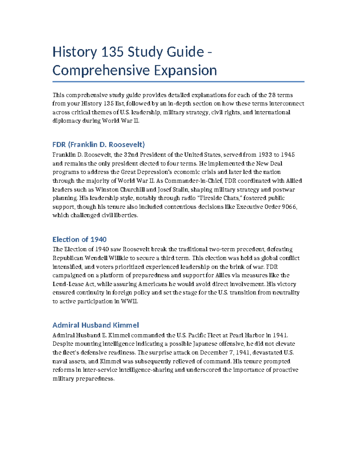 History 135 Study Guide: Key Terms and Thematic Connections in WWII ...