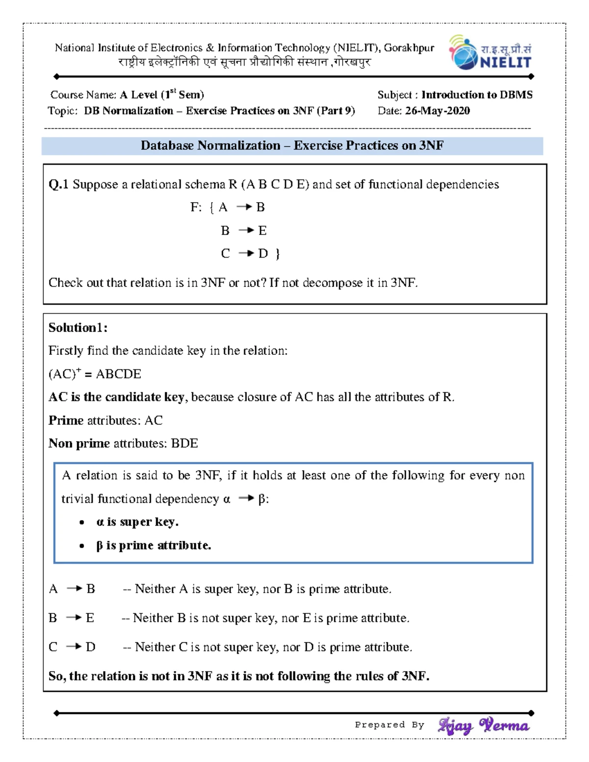 NIELIT A Level 1st Sem: DBMS Lecture Notes on 2NF Normalization - Studocu