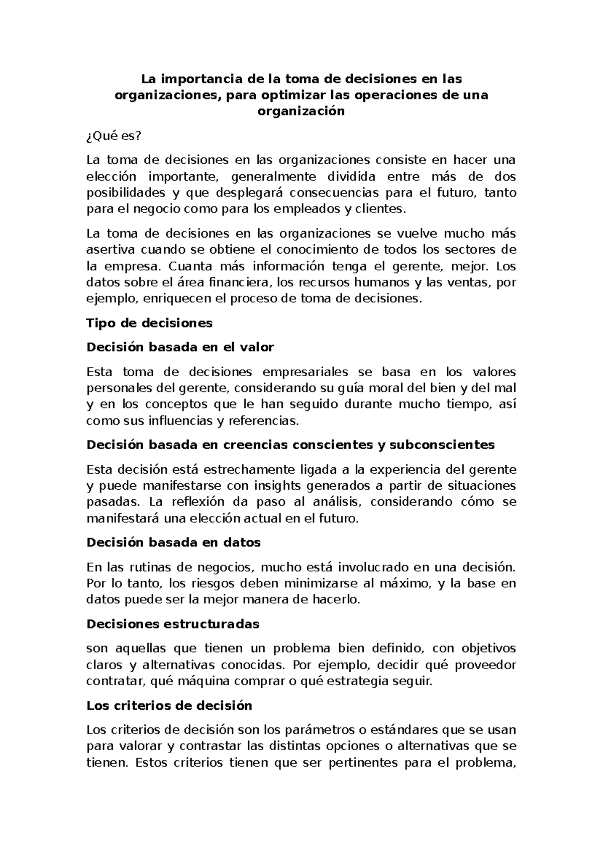 Importancia de la Toma de Decisiones en Organizaciones - Estudio - Studocu