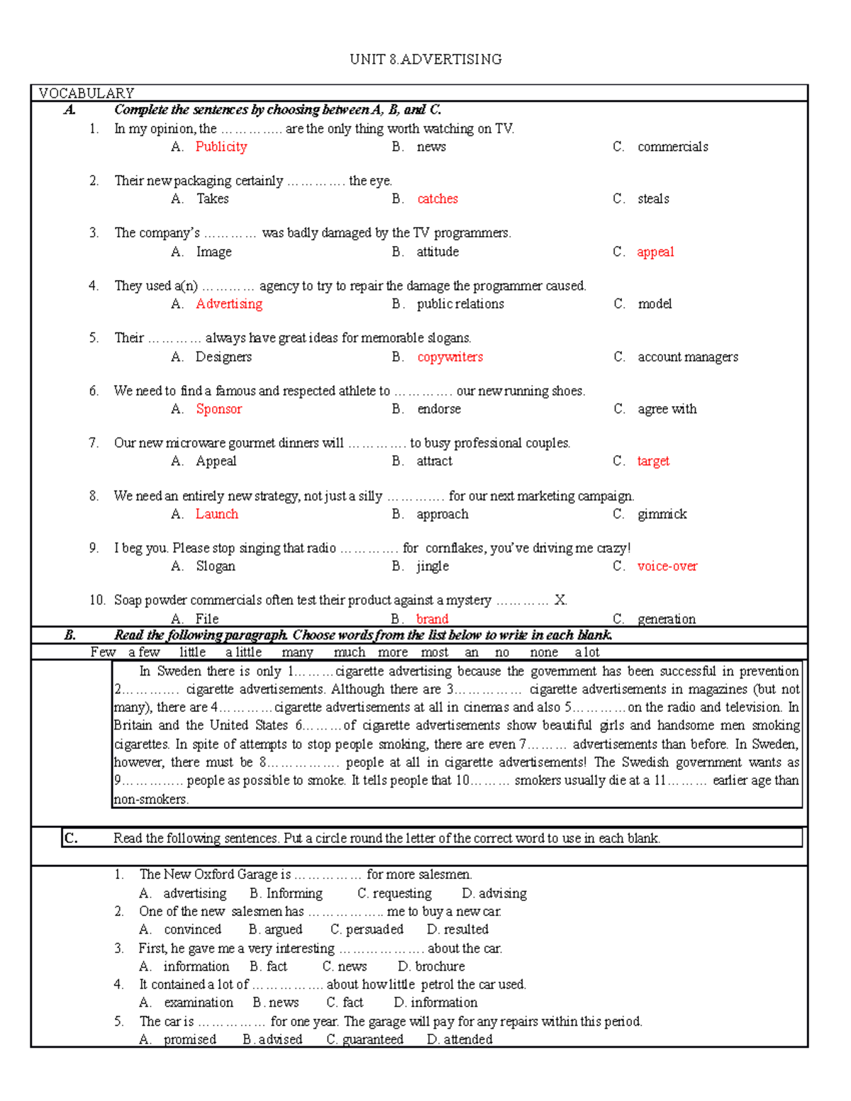 UNIT 8: Advertising Vocabulary & Practice Questions - Studocu