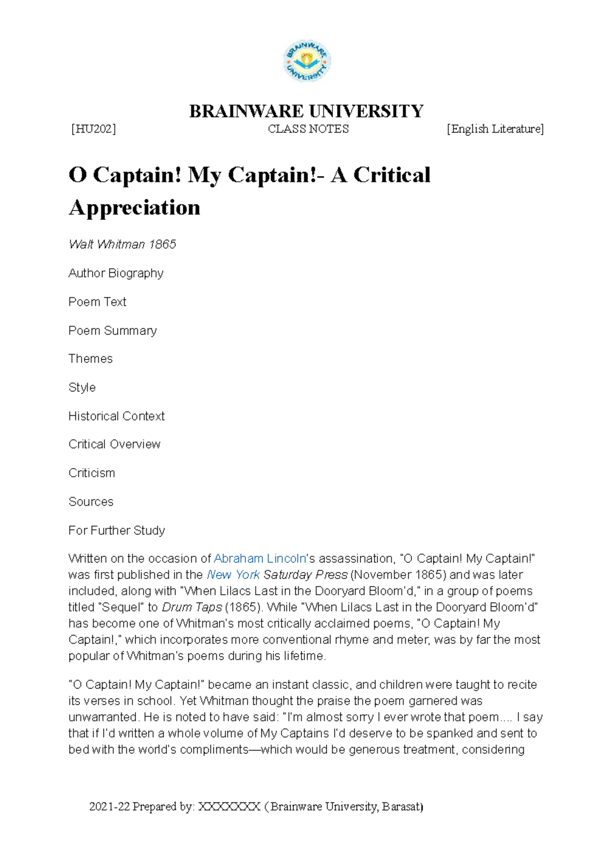 BRAINWARE UNIVERSITY CLASS NOTES: Critical Appreciation of 