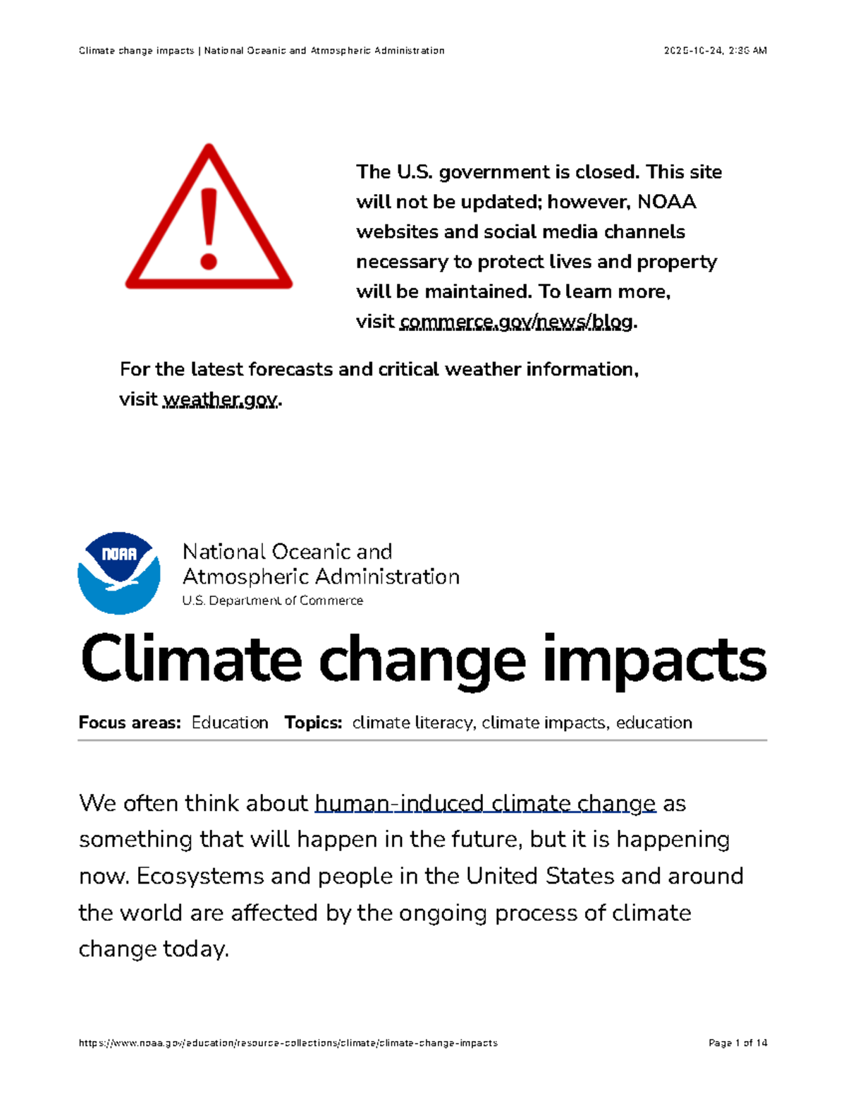 Climate Change Impacts: Insights from NOAA (National Oceanic and