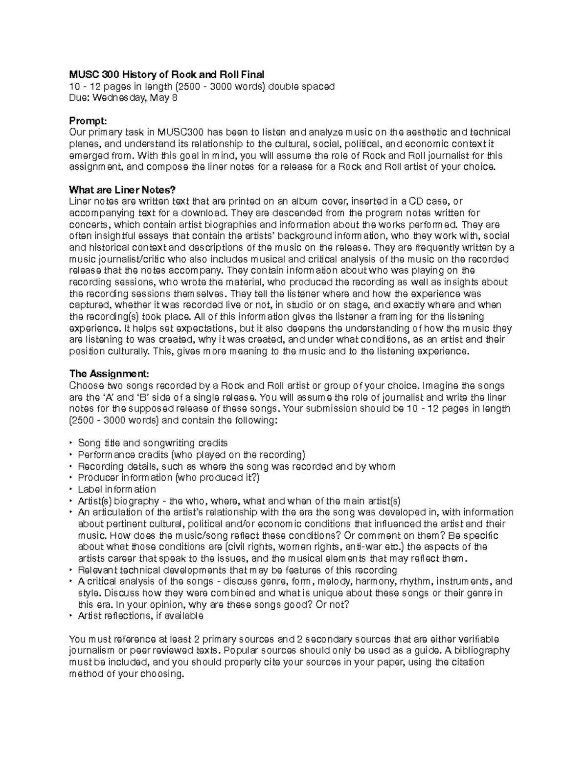 MUSC 300 Final Paper: Liner Notes for Rock and Roll Singles - Studocu