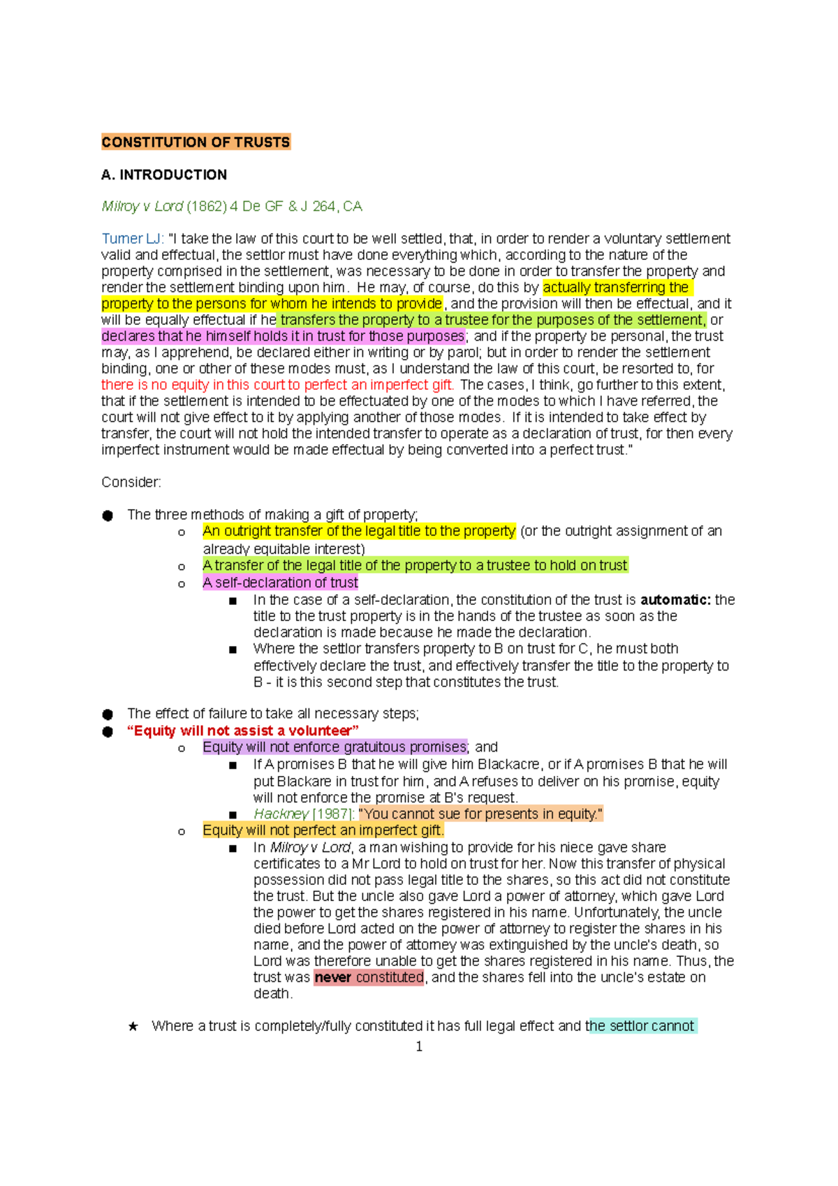 Constitution of Trusts - Lecture Notes for Law Course (LAW202) - Studocu