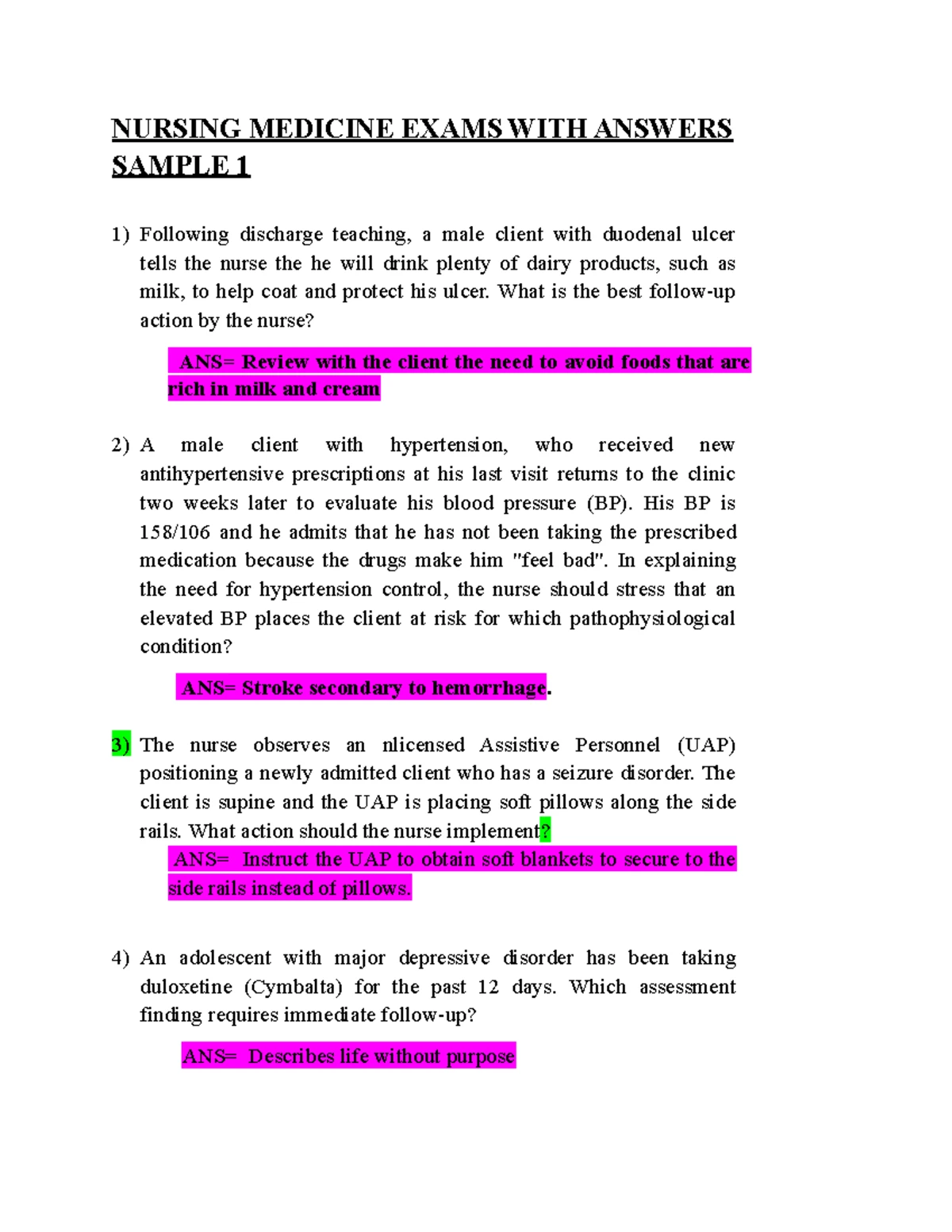 NURS 101 Final Exam: Sample Questions & Answers for Nursing Students ...
