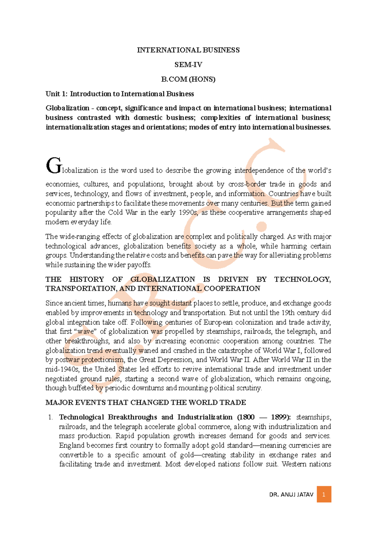 INTERNATIONAL BUSINESS B.COM (HONS) Unit 1: Globalization & Its Impact ...