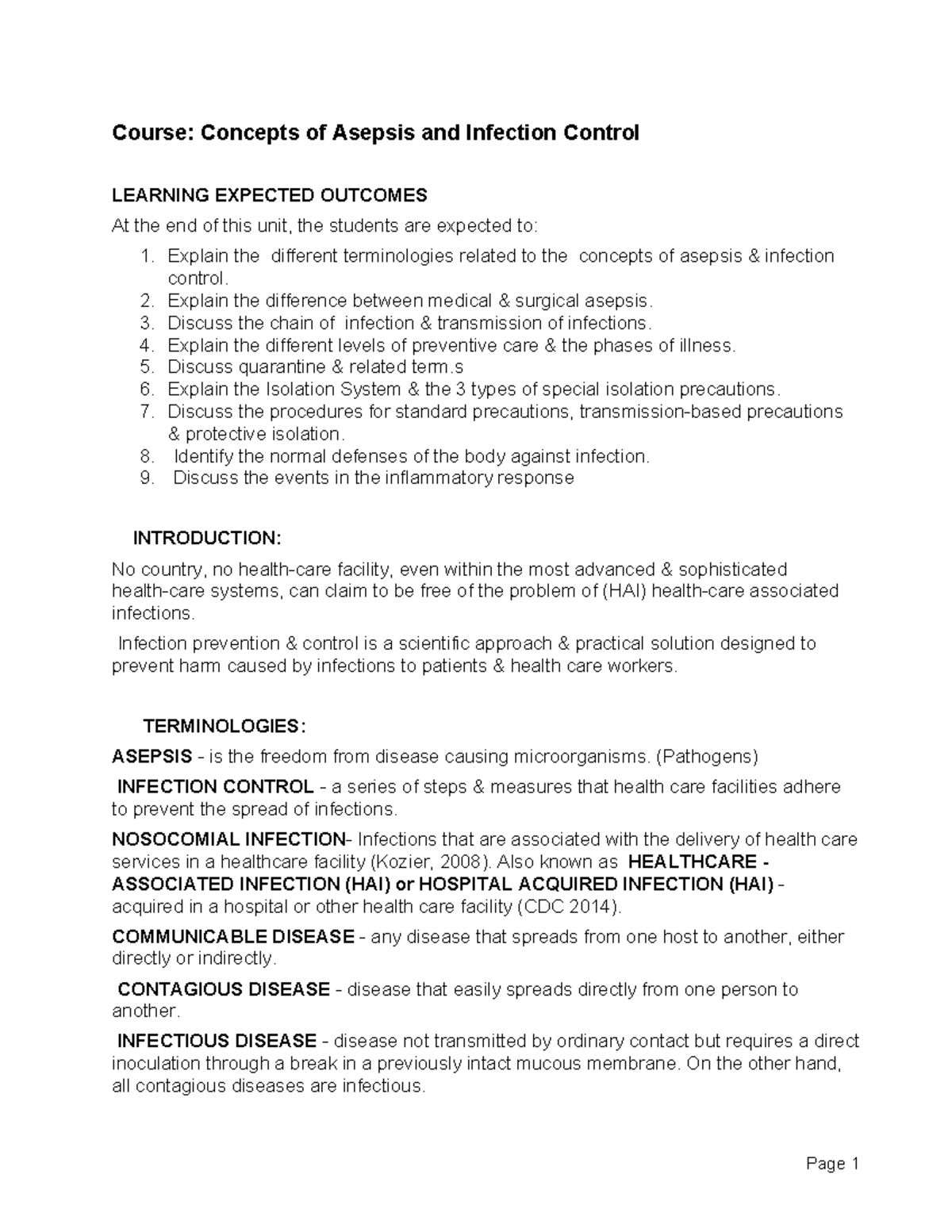Course Concepts of Asepsis & Infection Control: Key Terminologies ...