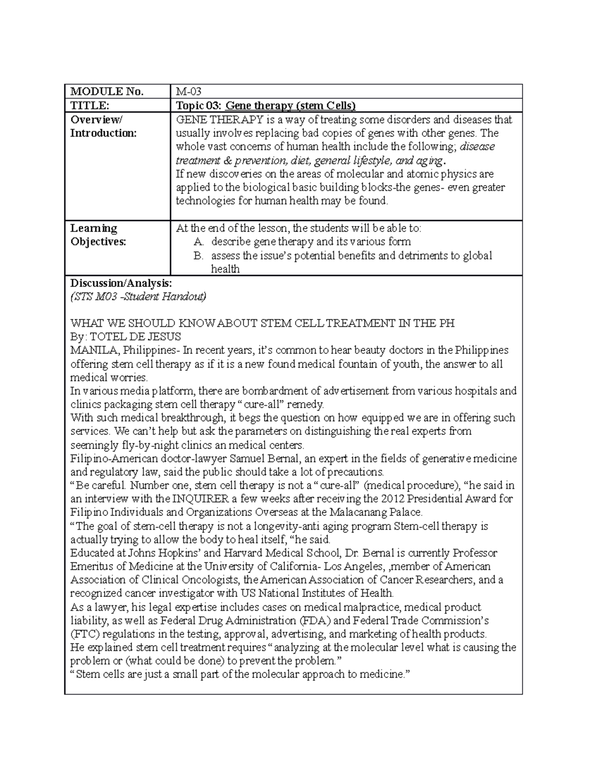 STS M03 Handout: Gene Therapy & Stem Cell Treatment Overview - Studocu