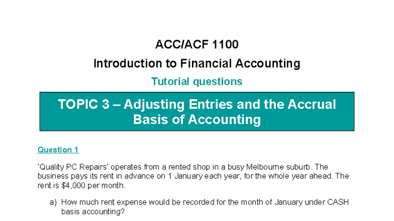1100 Financial Accounting Tutorial Questions: Topic 3 Adjusting Entries ...