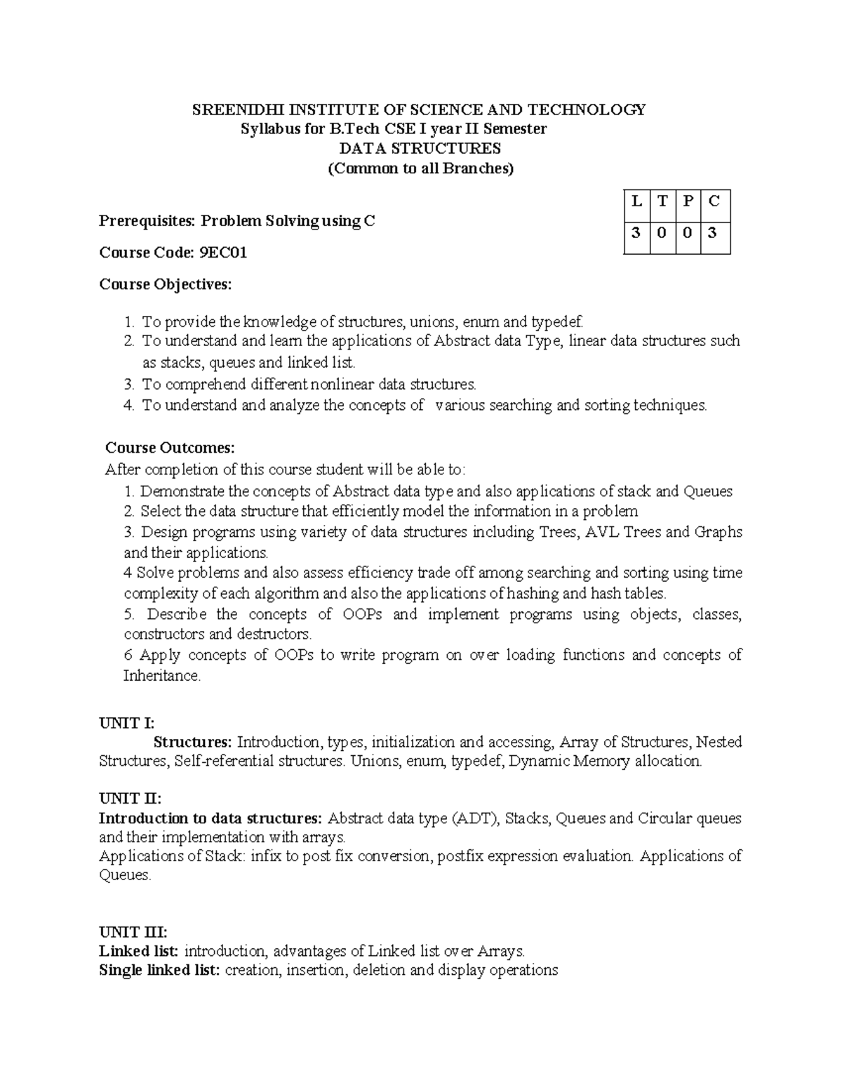 B.Tech CSE I Year II Sem Syllabus: Data Structures (9EC01) - Studocu