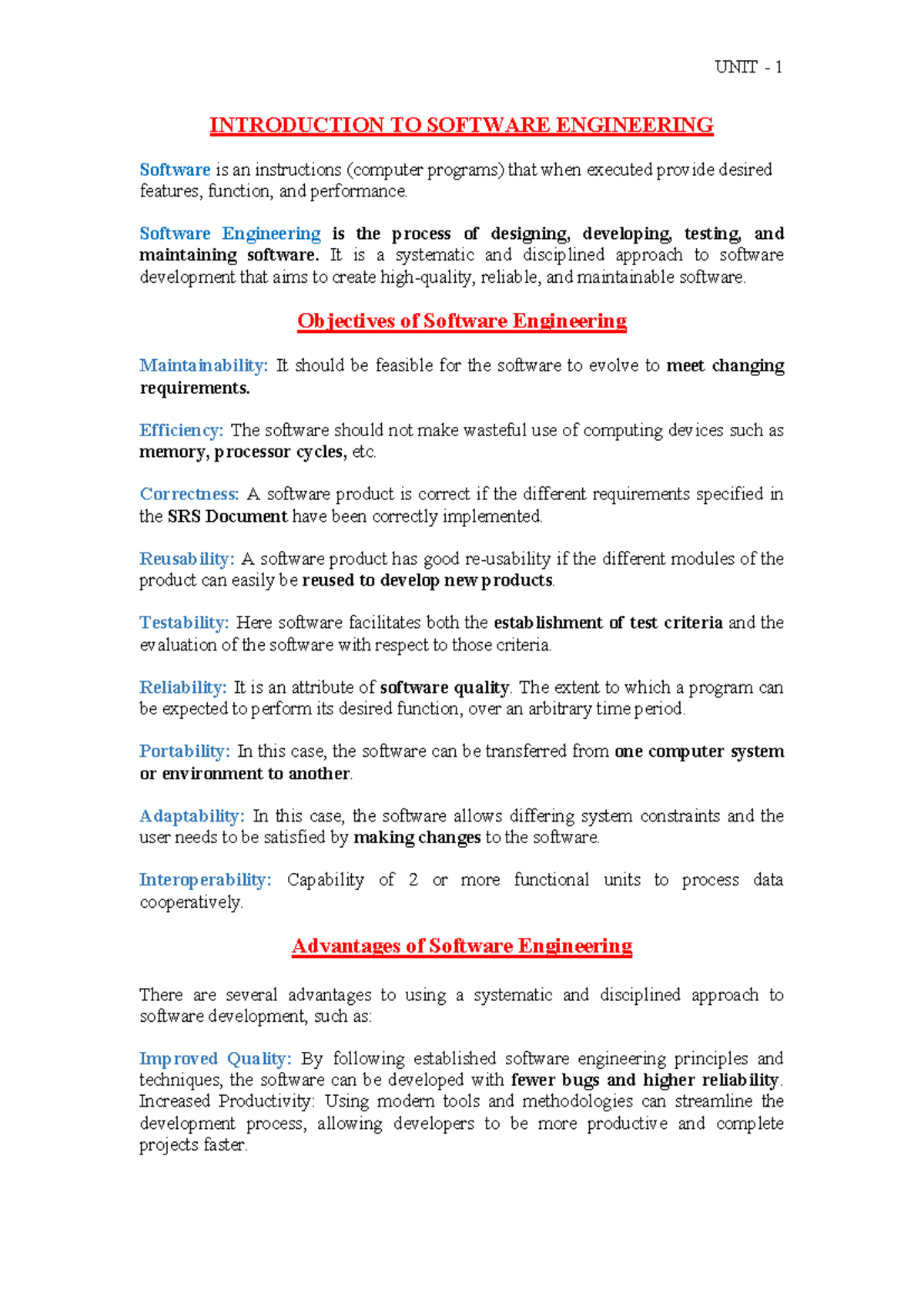 CSE SE UNIT 1 - Introduction to Software Engineering Concepts - Studocu