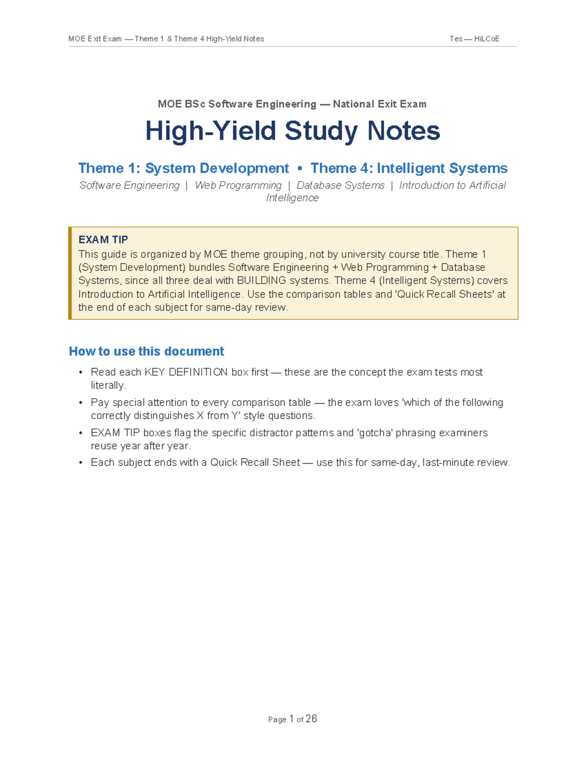 MOE BSc Software Engineering Exit Exam High Yield Notes: Themes 1 & 4 ...