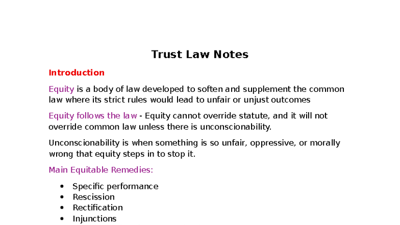 Trust Law Notes: Key Concepts and Equitable Principles - Studocu