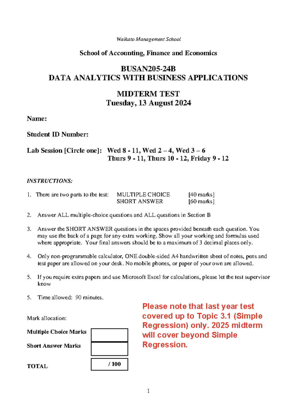DATA ANALYTICS WITH BUSINESS APPLICATIONS MIDTERM TEST PRACTICE 2024 ...