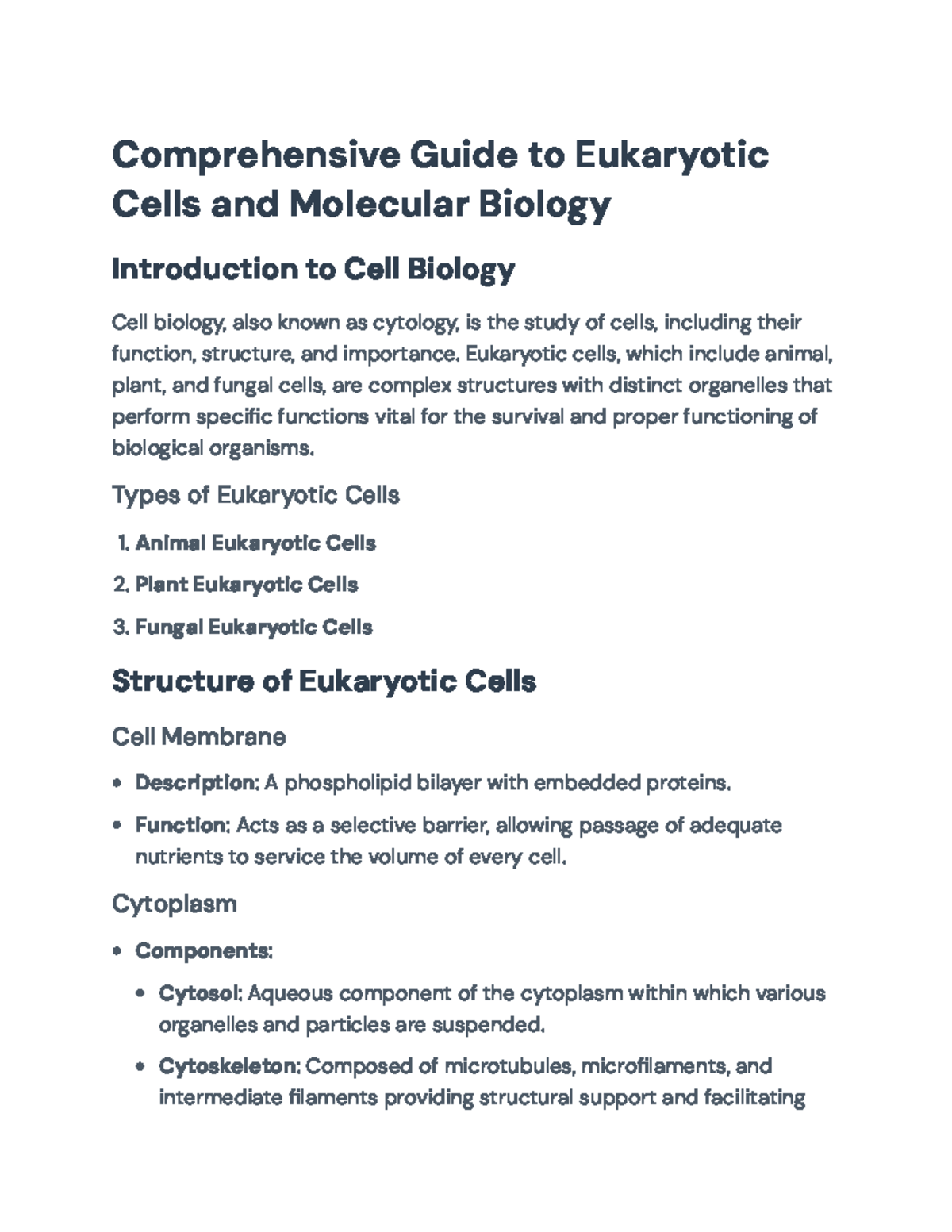 Comprehensive Guide on Eukaryotic Cells and Molecular Biology (BIO101 ...