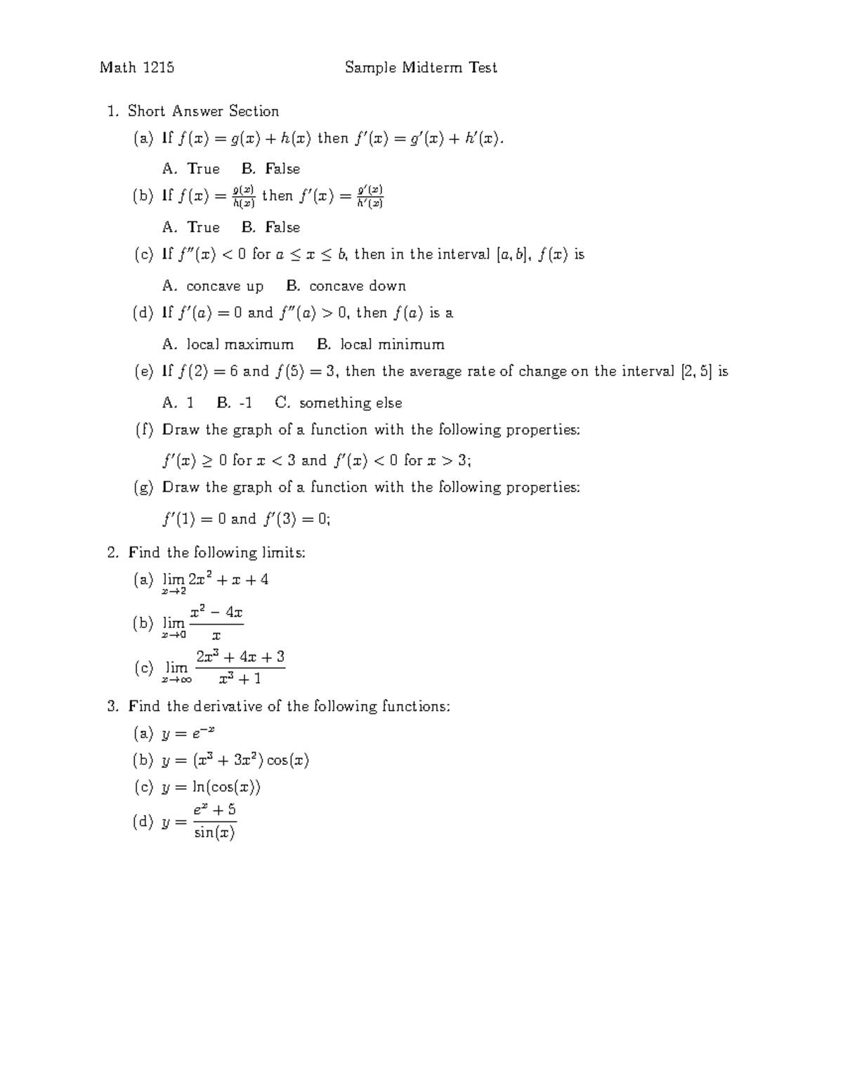 Midterm 2019 Math 1215 Sample Test Questions and Answers - Studocu