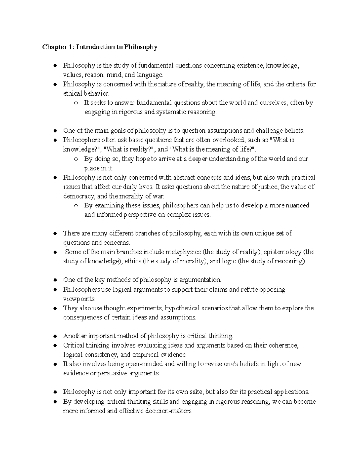 PHIL 100 Ch 1 - PHIL 100 Notes for Chapter 1 - Chapter 1: Introduction ...
