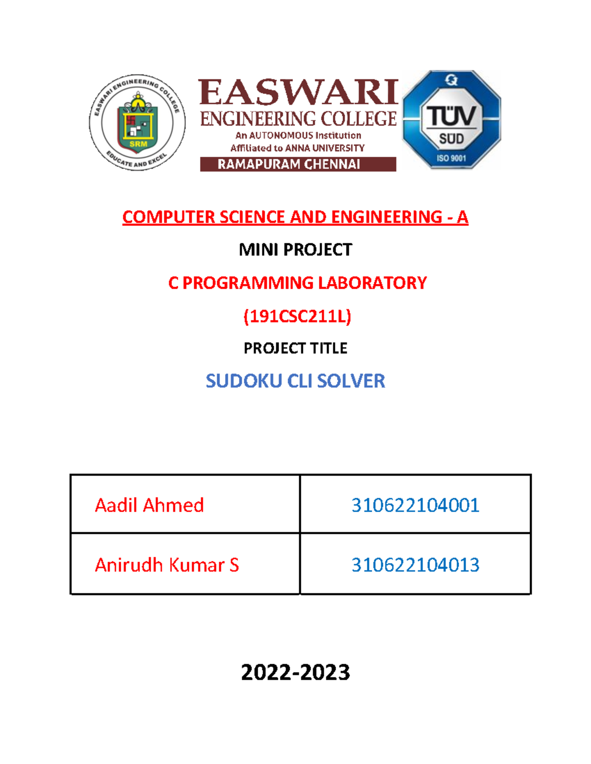 C Mini Project (191CSC211L): Sudoku CLI Solver Detailed Overview - Studocu
