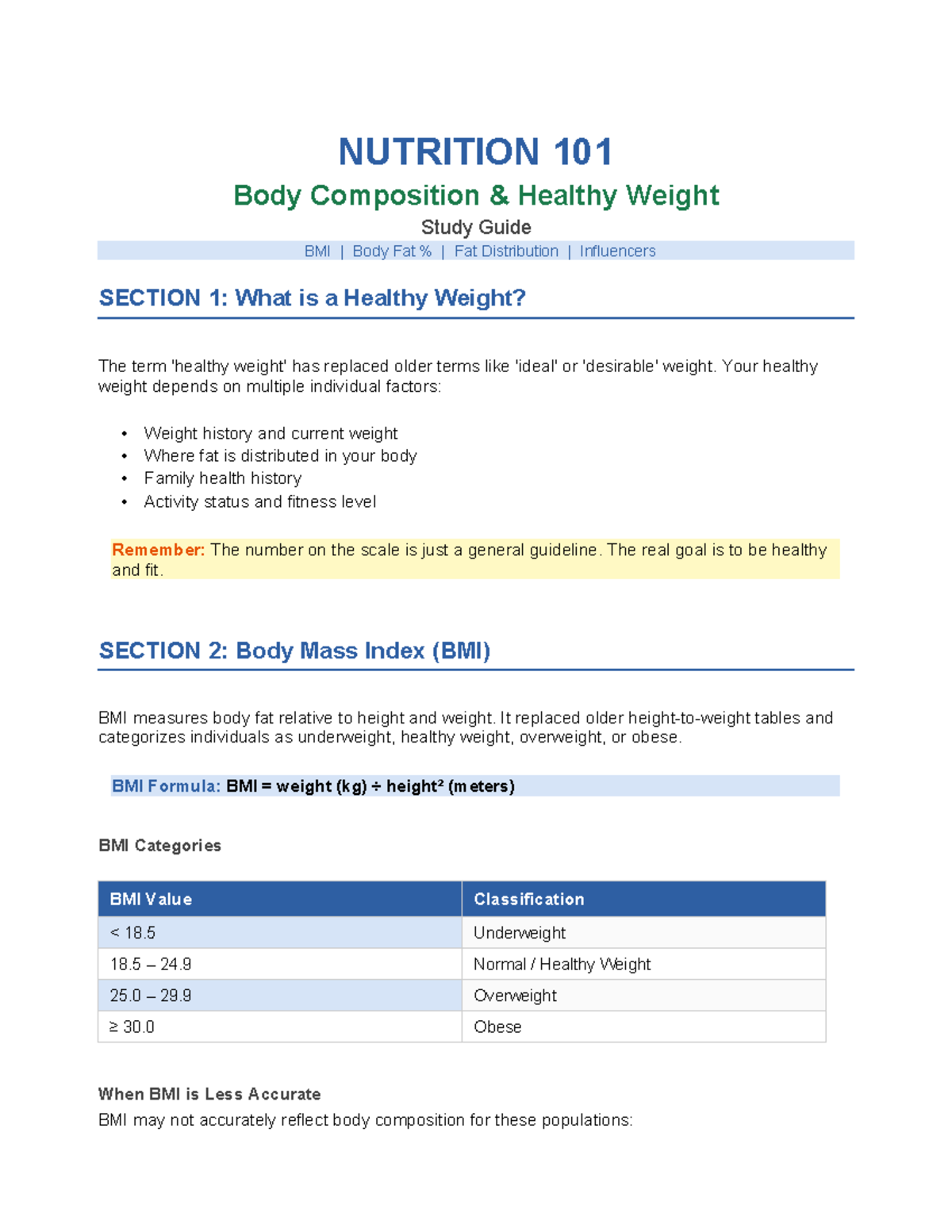 NUTRITION 101 Body Composition Study Guide: Healthy Weight & BMI - Studocu