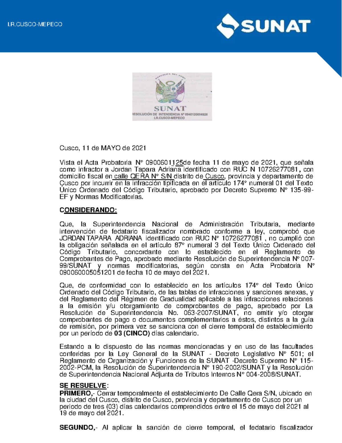 Resolución de Cierre Temporal Local 6 - I.R. Cusco 2021 - Studocu
