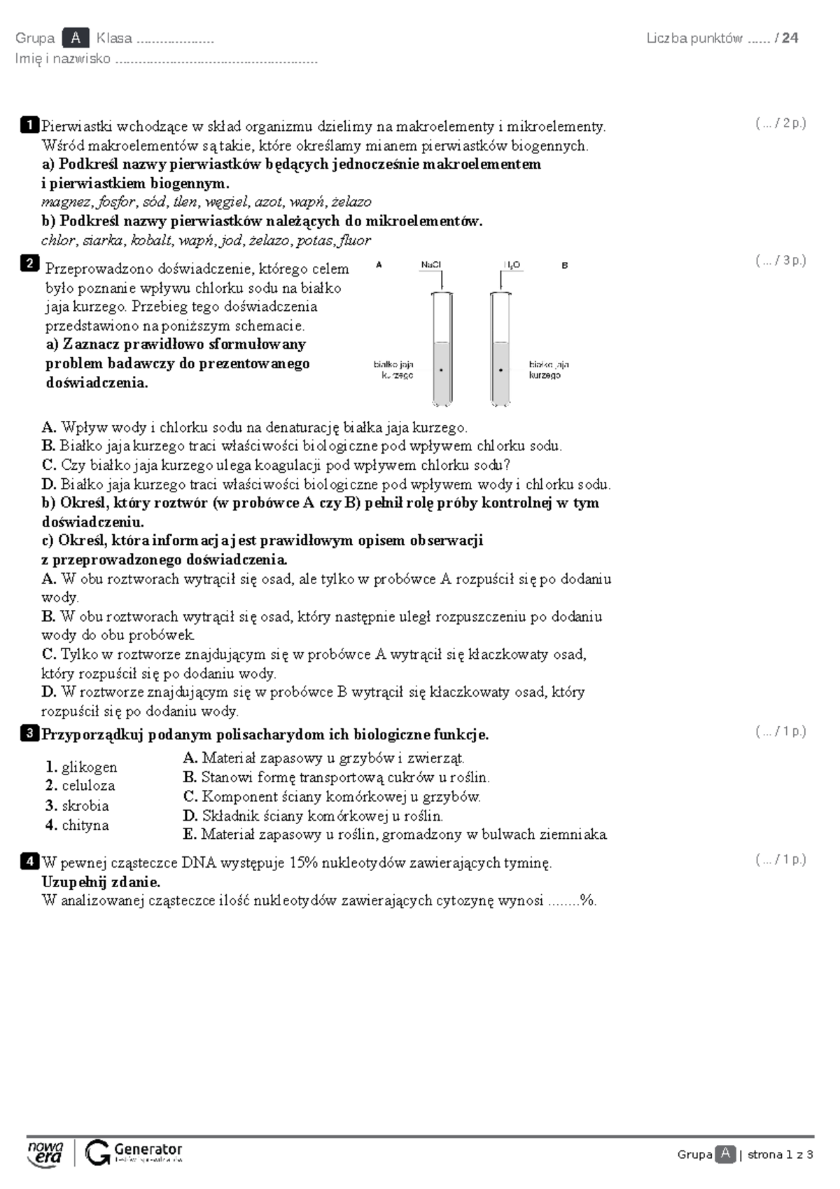 Test R2. Chemiczne podstawy zycia w1 Test z widoczna punktacja - Grupa