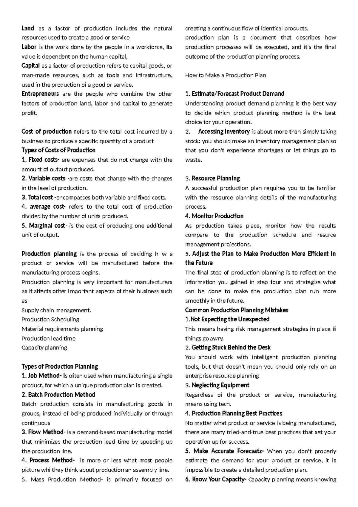 Factors of Production and Production Planning Overview (ECO 101) - Studocu