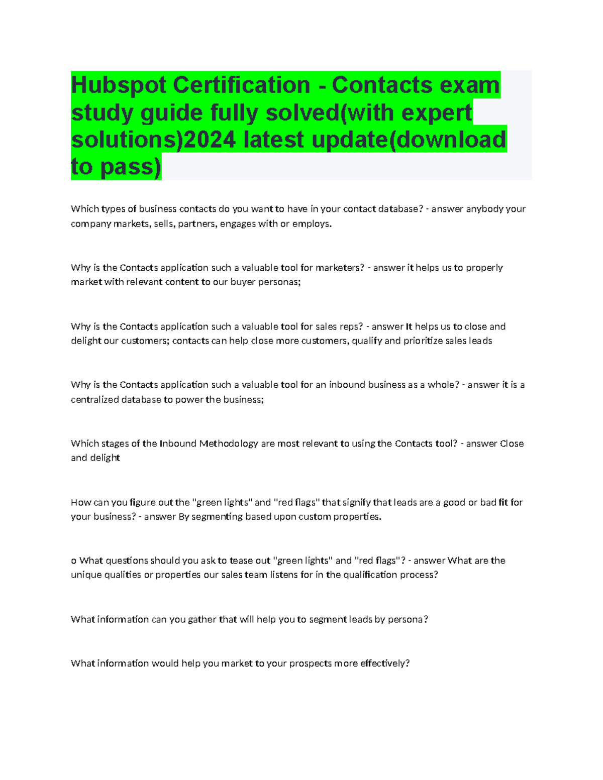 Hubspot Certification - Contacts Exam Study Guide 2024 (Fully Solved ...