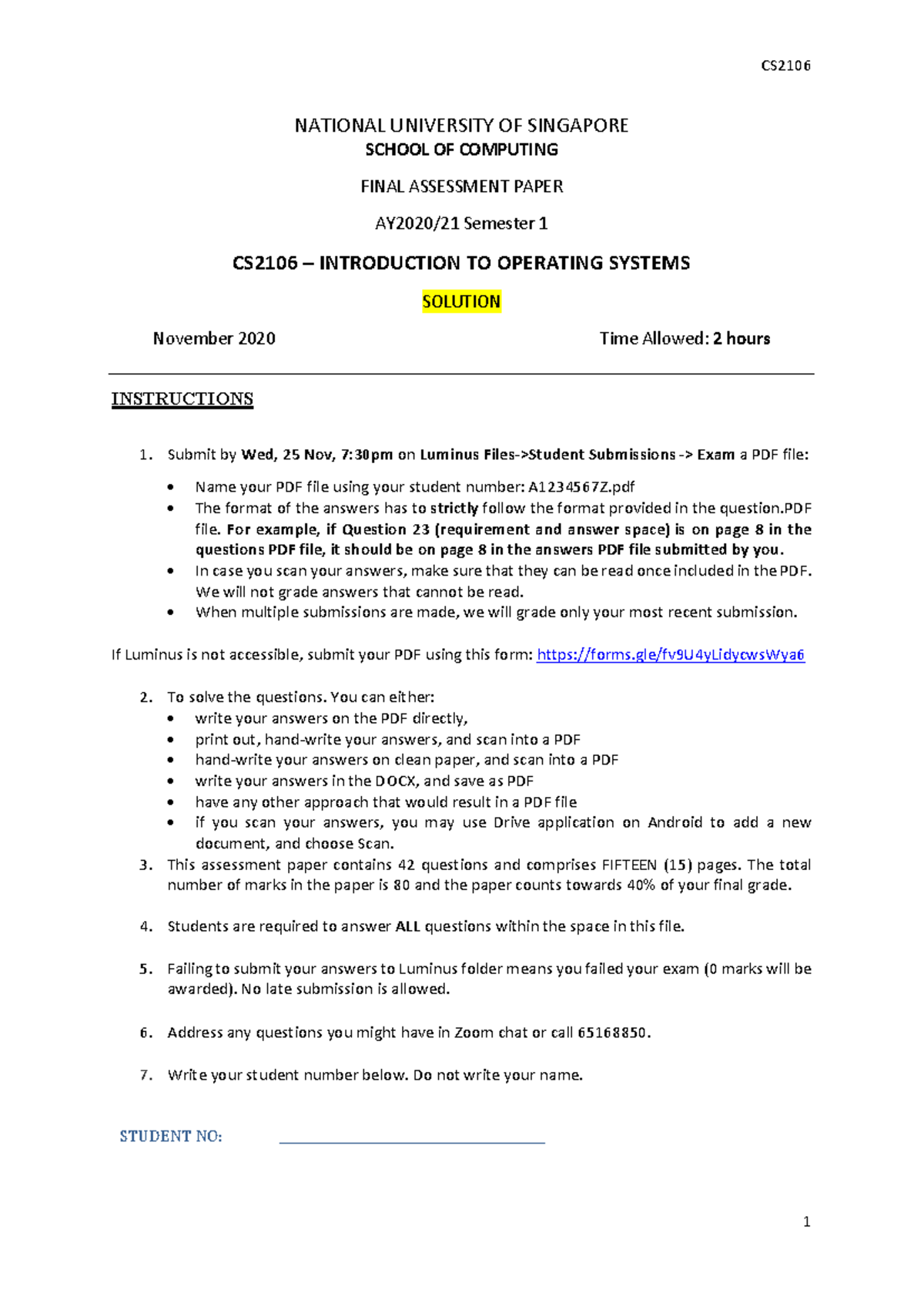 CS2106 Final Exam Answers – AY2020/21 Sem 1 - Document Preview