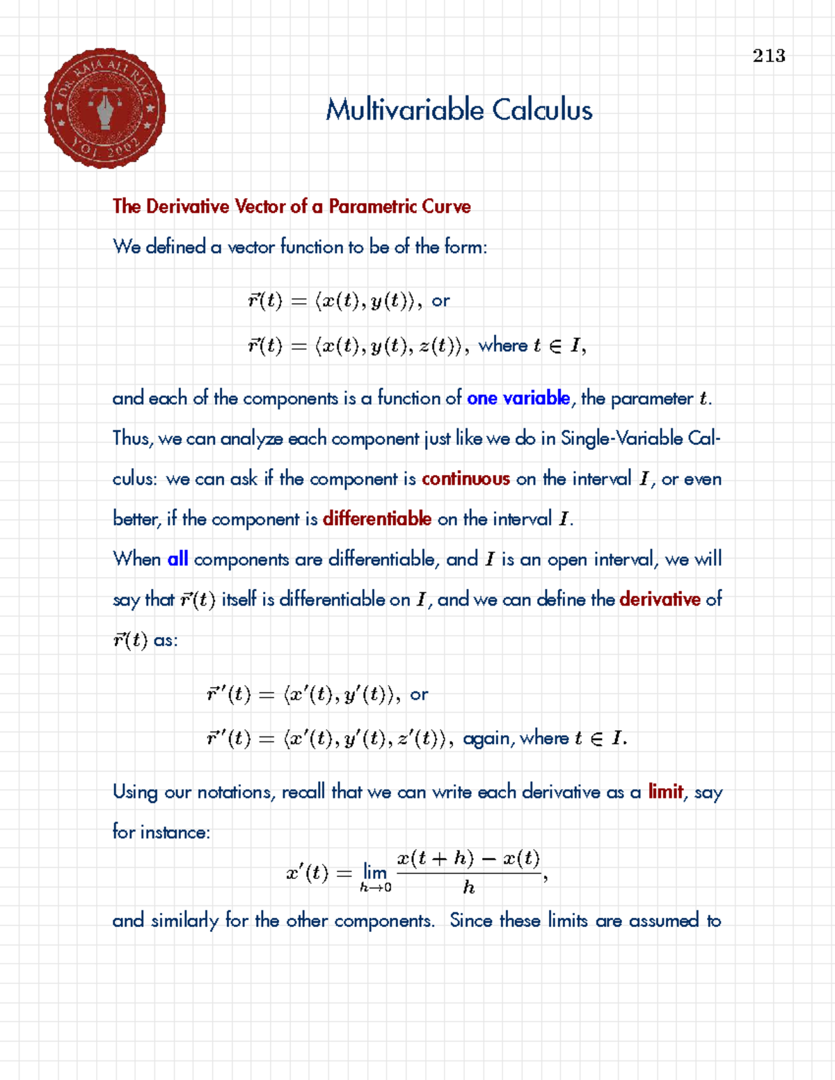 213 Multivariable Calculus: Derivative Vector of Parametric Curves ...