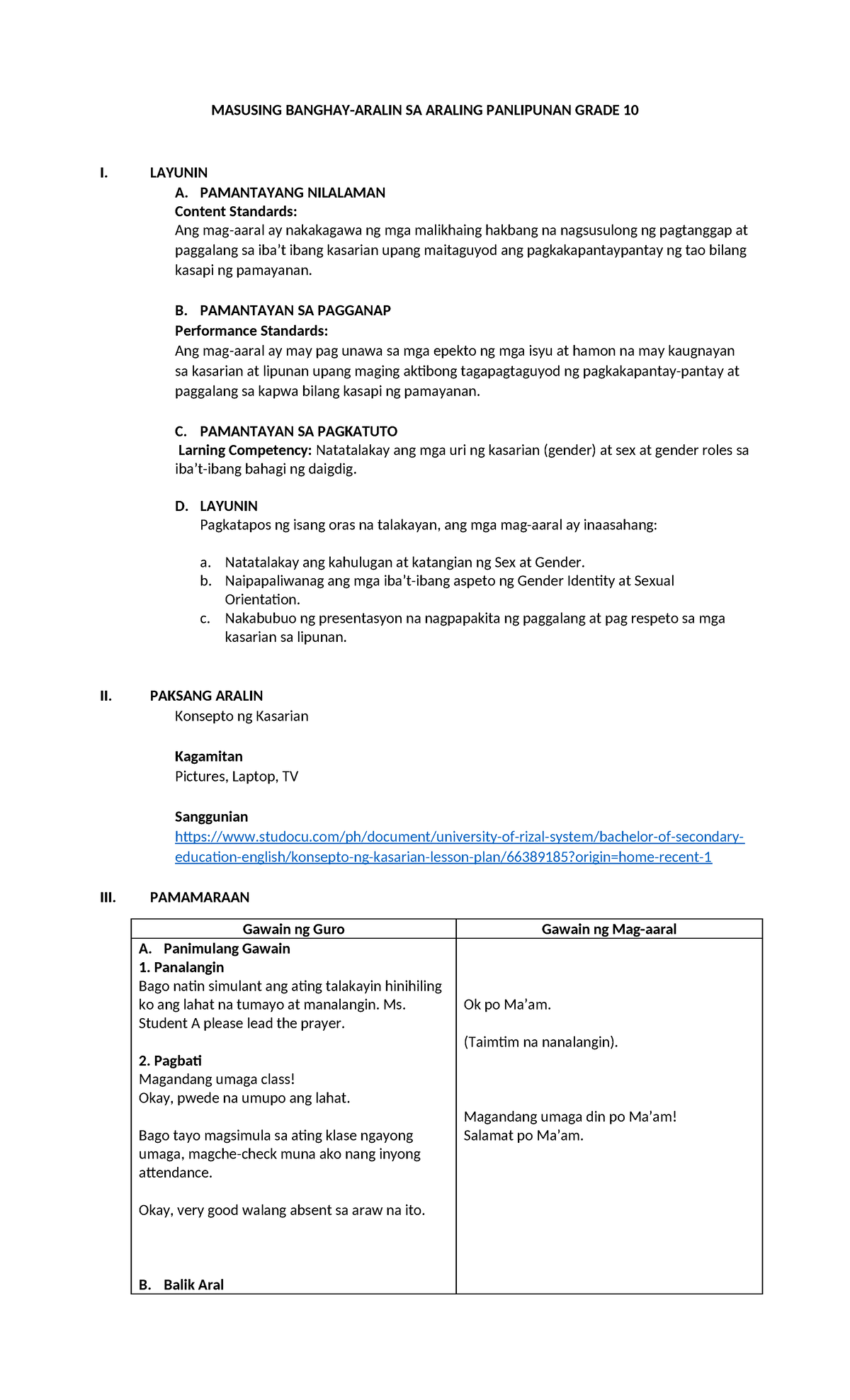 Final Lesson Plan on Gender Studies for Grade 10 (MAS) - Studocu