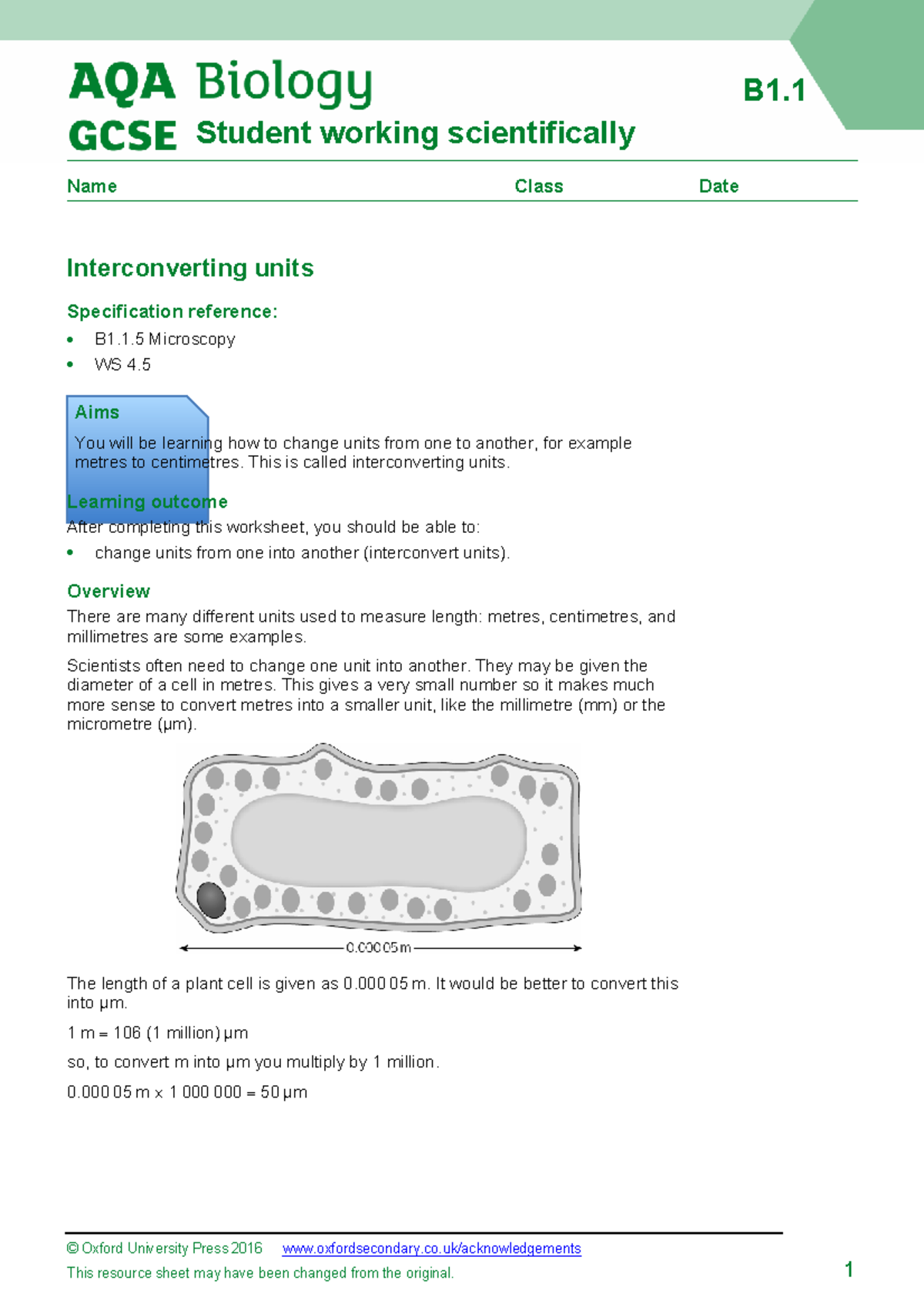 B1.1.5 Microscopy Worksheet: Interconverting Units Guide - Studocu