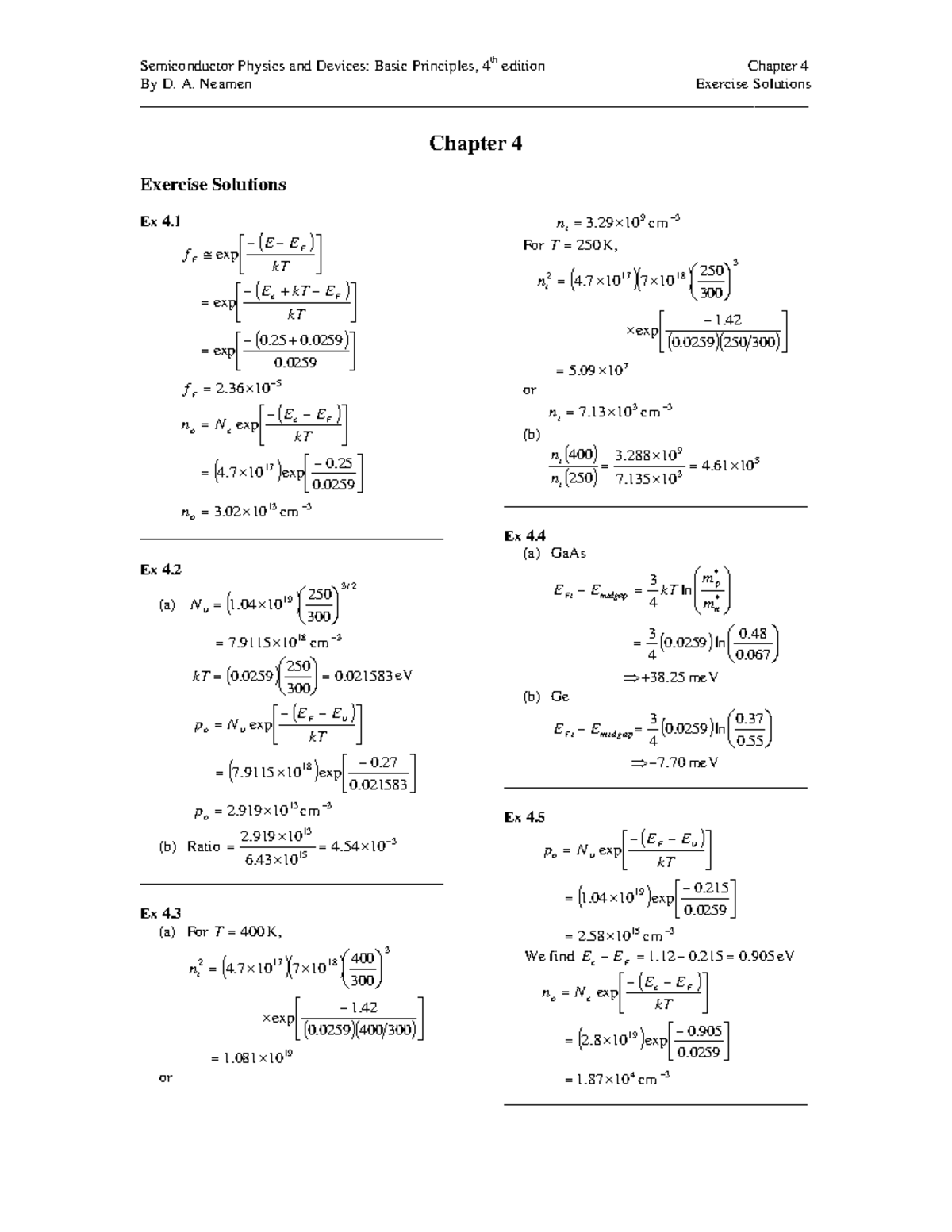 Chapter 4 - Exercise Solutions for Semiconductor Physics (Course Code ...