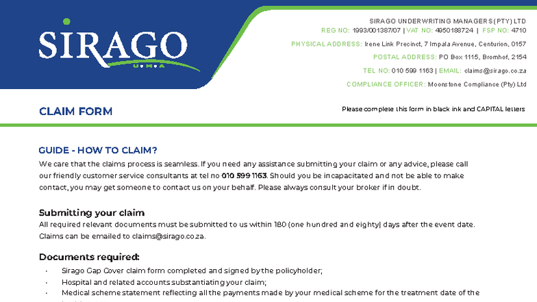 Sirago Co-Payment Claim Form 2025: Submission Guidelines & Checklist ...