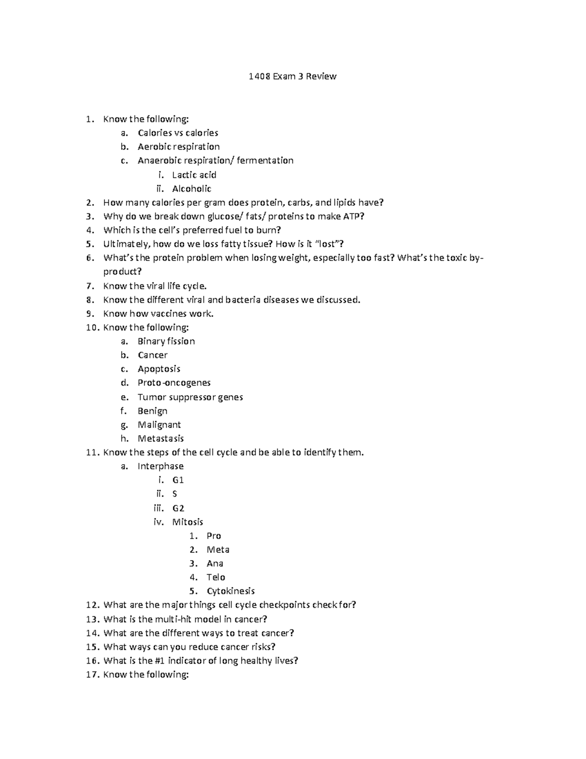 Bio 1408 Exam 3 Review: Key Concepts in Cell Processes & Diseases - Studocu