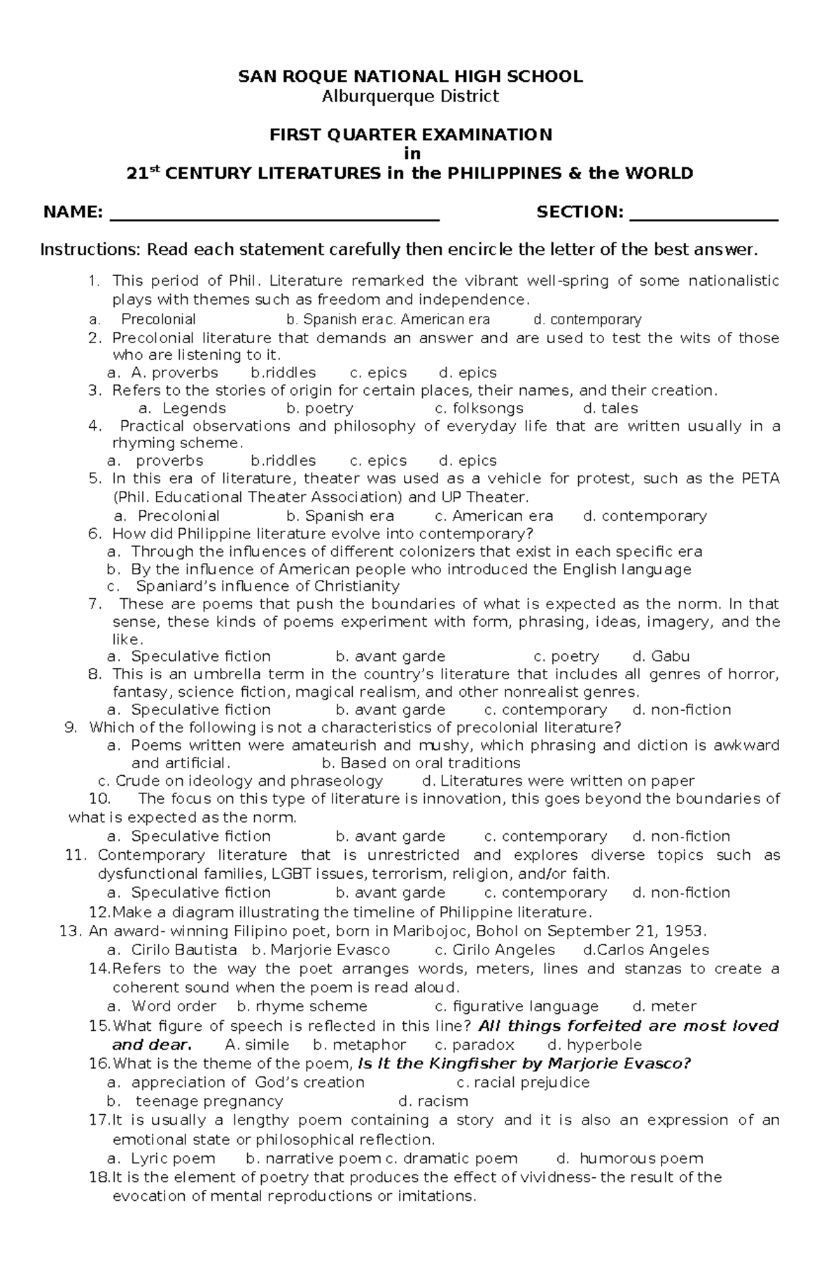 1ST Quarter EXAM LIT - dsdfsdfs - SAN ROQUE NATIONAL HIGH SCHOOL ...