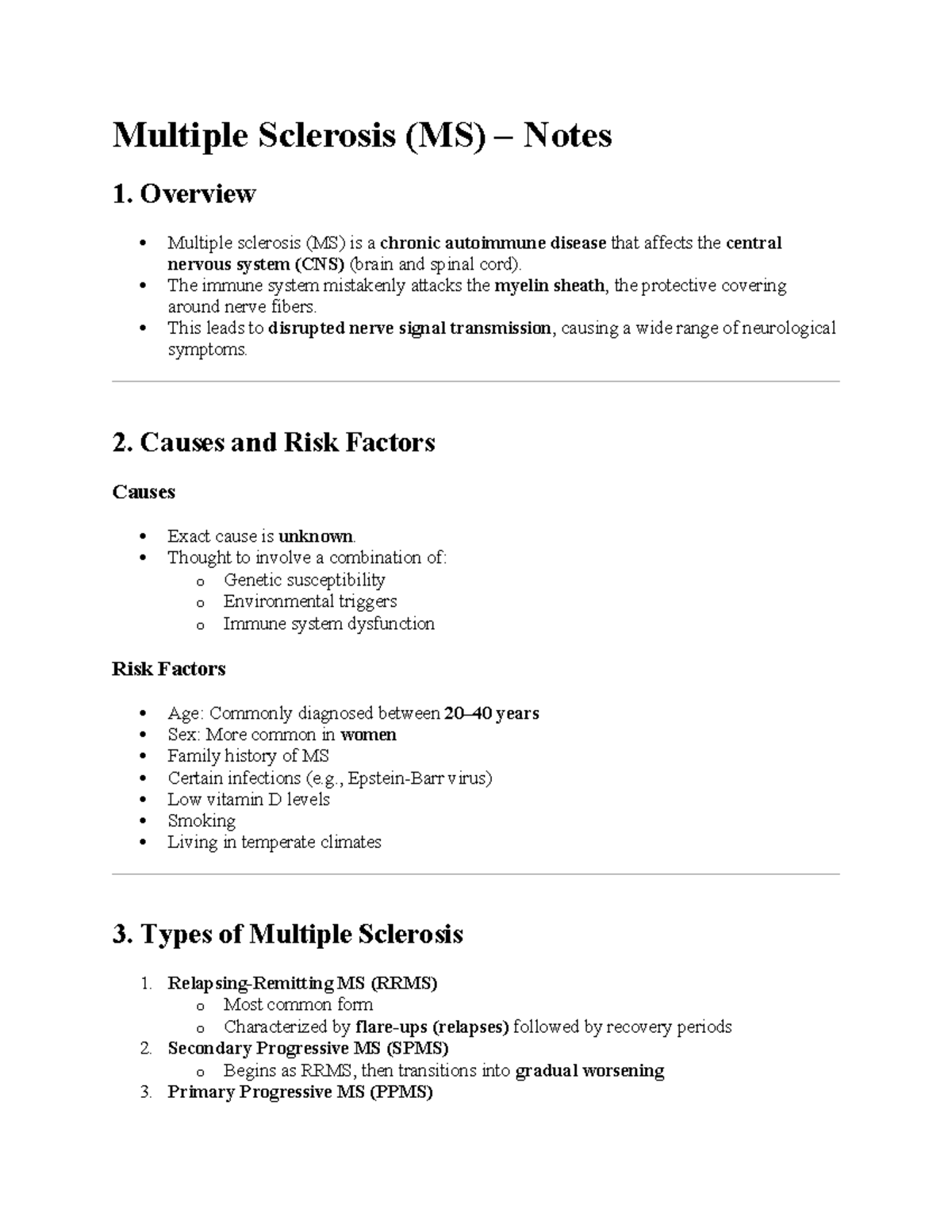 MS 101: Comprehensive Class Notes on Multiple Sclerosis - Studocu