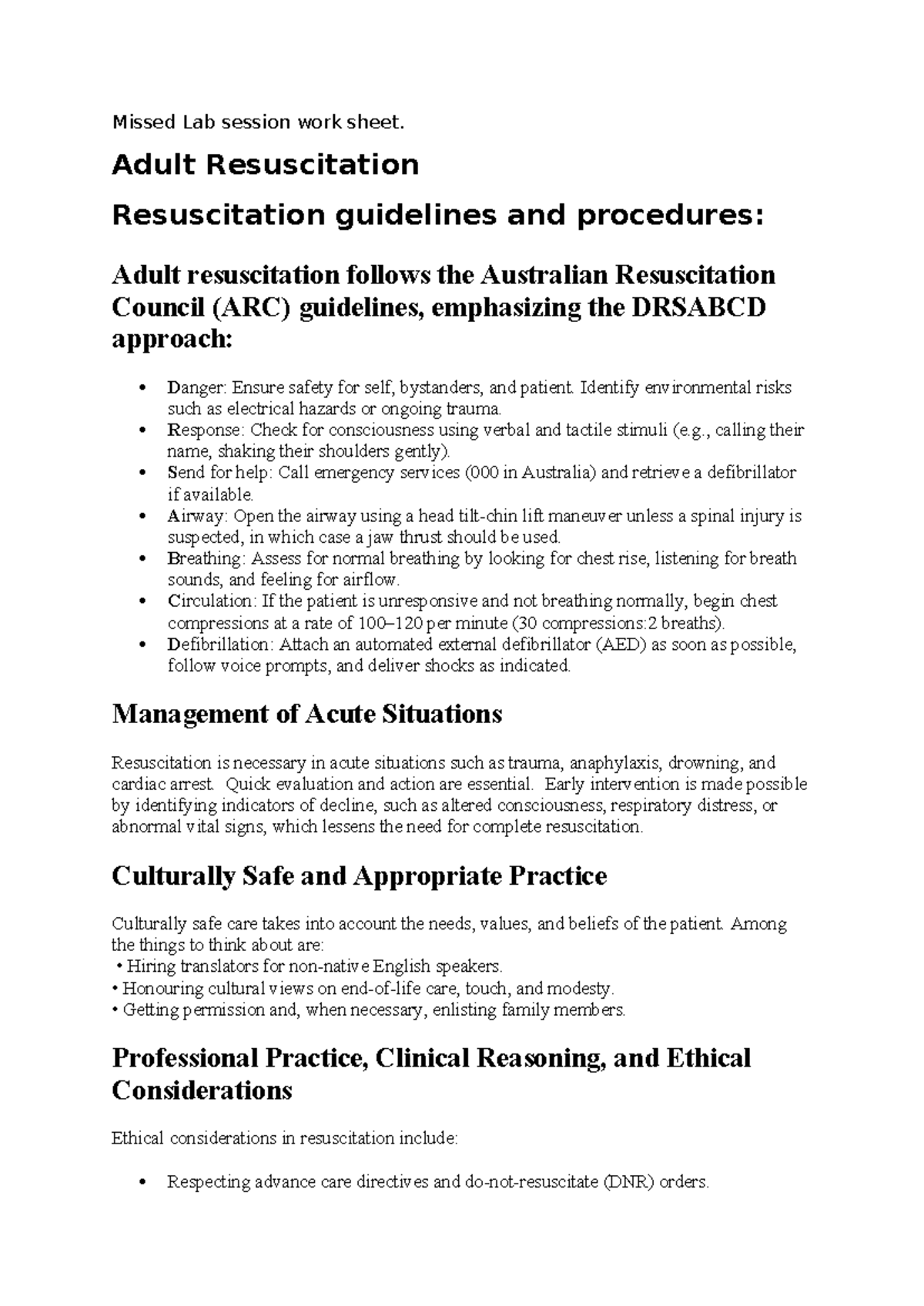 Missed lab session worksheet: Adult resuscitation guidelines - Studocu