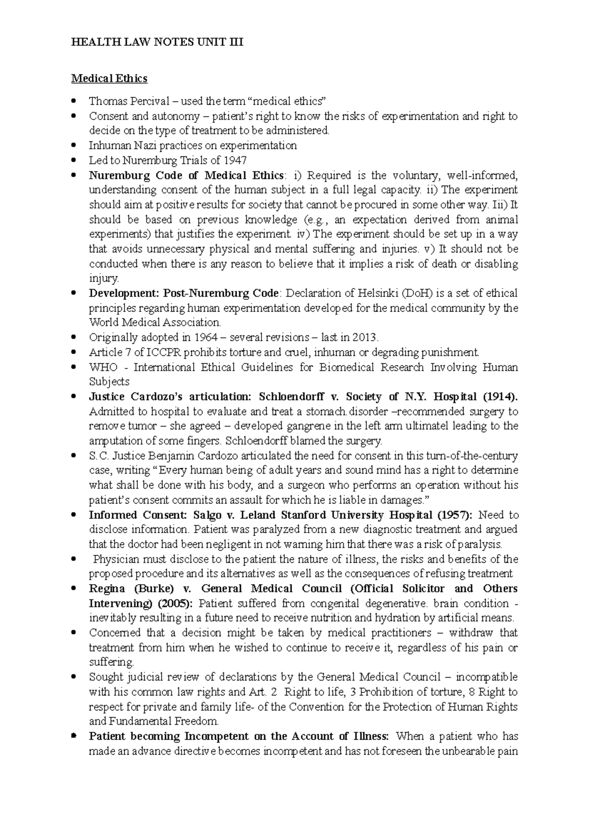 HEALTH LAW NOTES UNIT: Medical Ethics and Informed Consent Principles ...