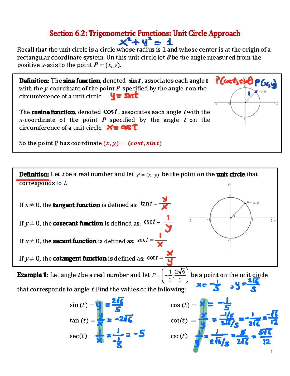 Section 2 - Trigonometric Functions Unit Circle Lecture Notes - Studocu