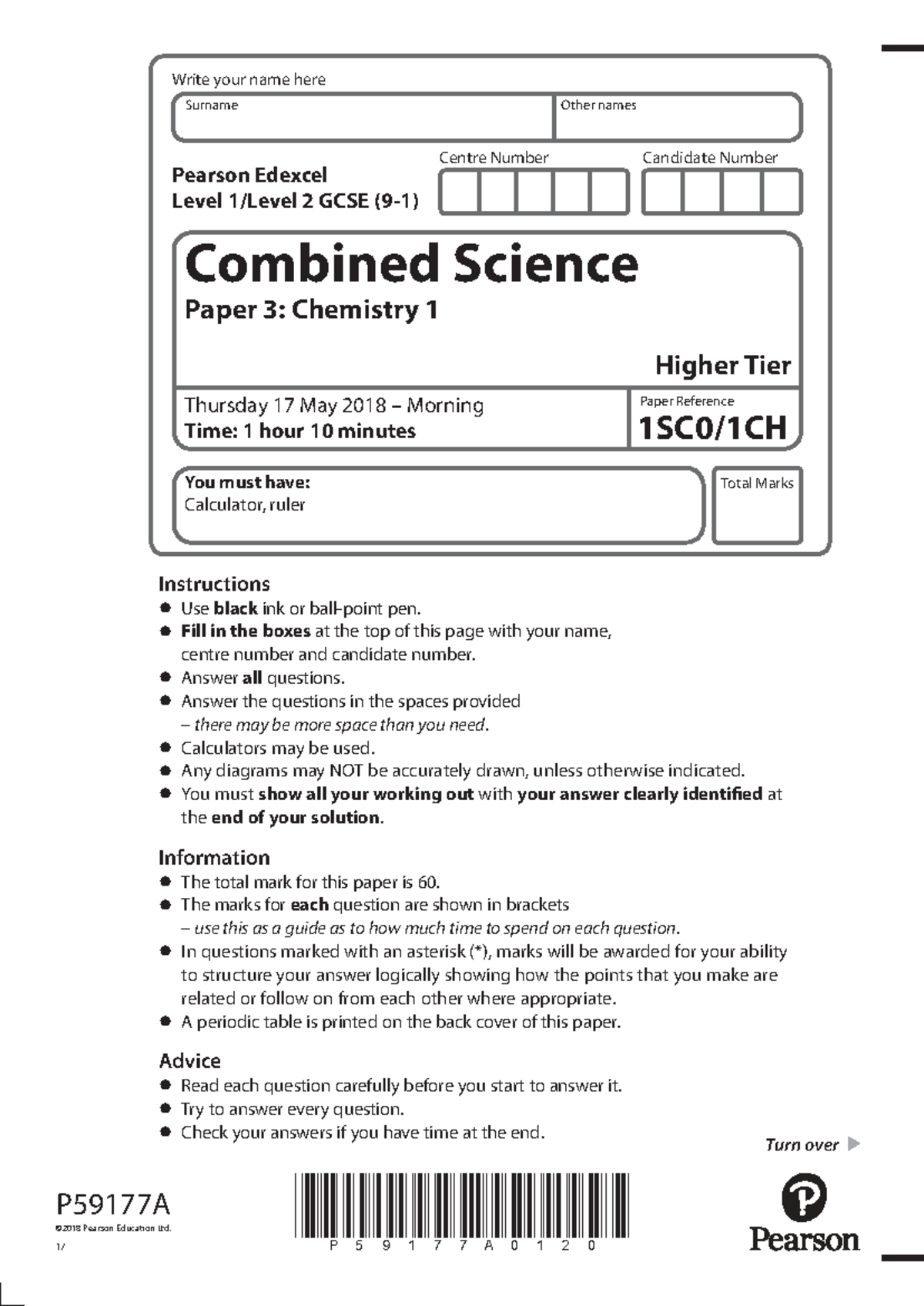 1SC0 1CH GCSE Combined Science Paper 3: Chemistry 1 Higher Tier Exam ...