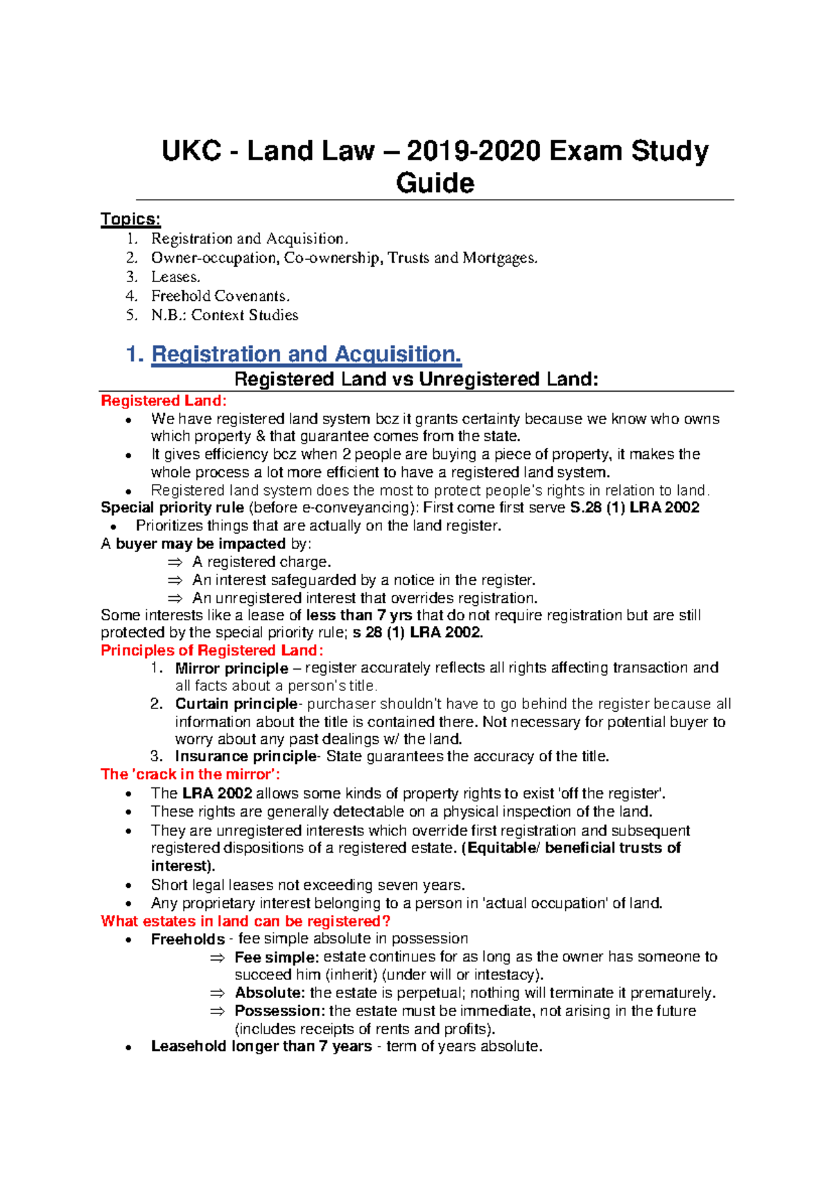 UKC - Land Law Final Exam Revision Notes: Key Topics & Concepts - Studocu