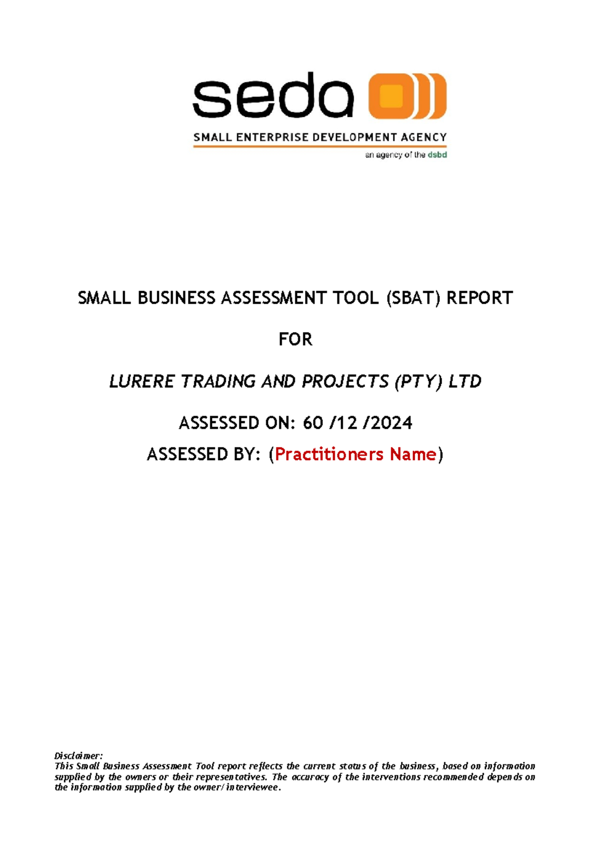 SBAT Report for Lurere Trading and Projects (PTY) LTD Assessment - Studocu