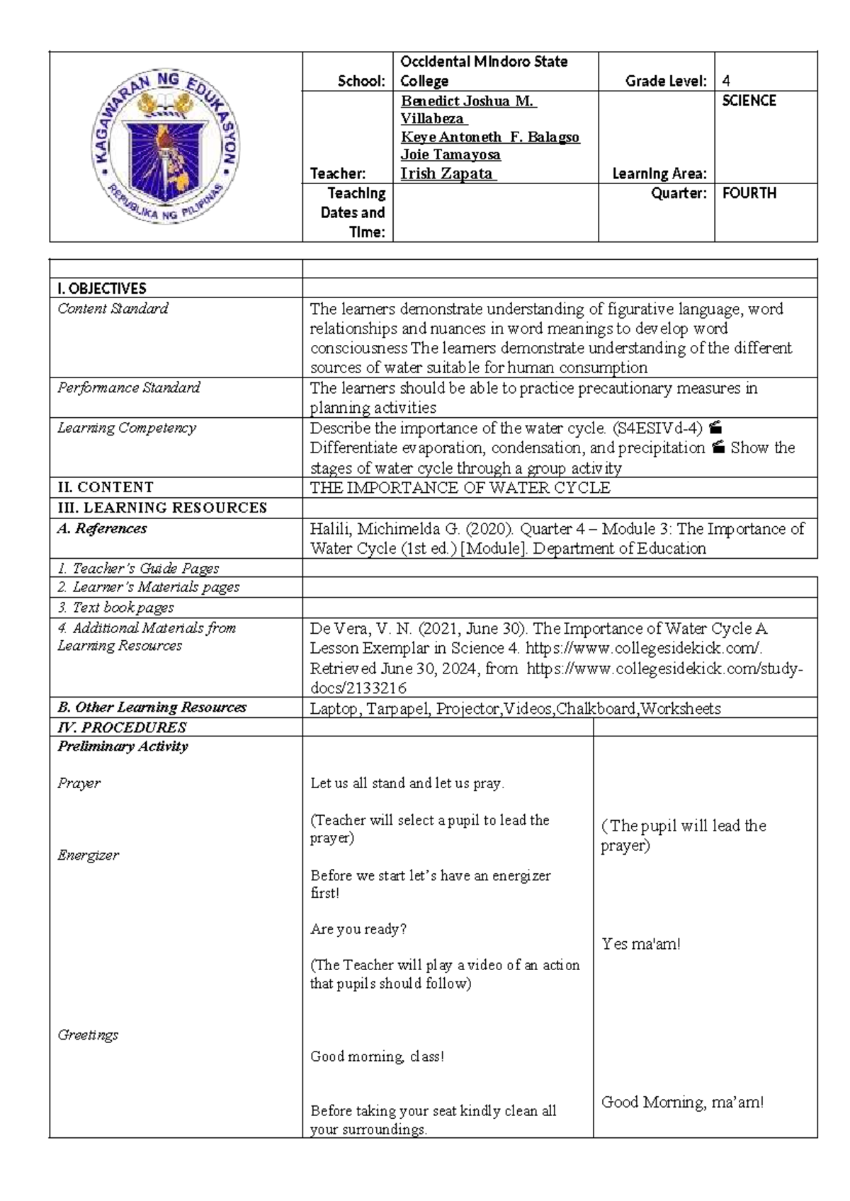 Detailed Lesson Plan: The Water Cycle for Grade 4 Science (Quarter 4 ...