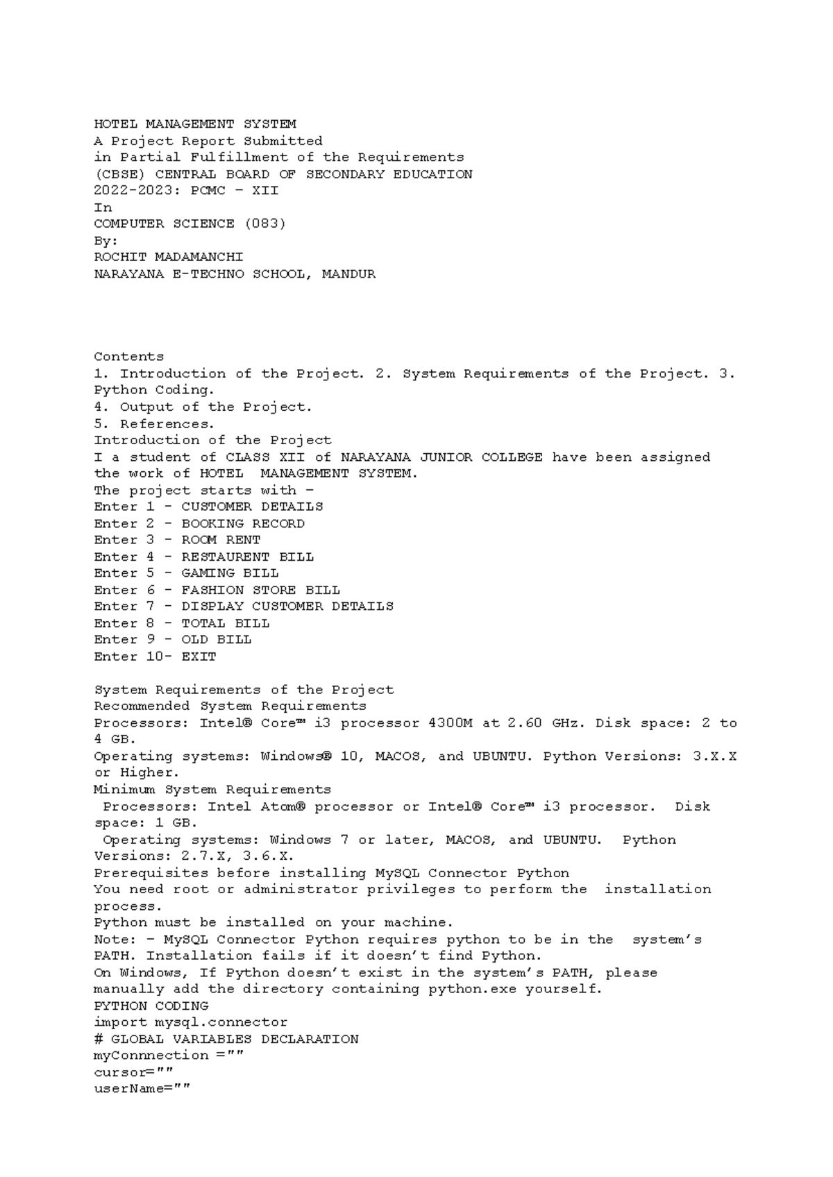 Hotel Management System Project Report (CBSE PCMC – XII) - Studocu