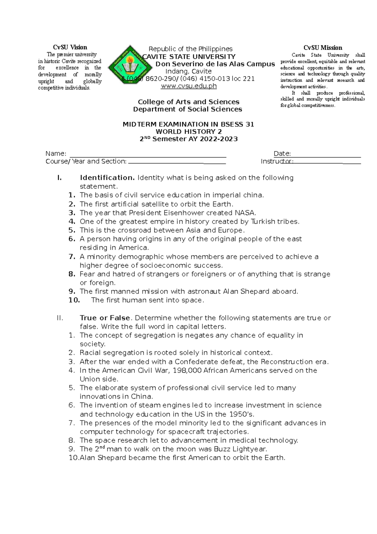 BSESS 31 Midterm Exam Sample - World History Insights - Studocu