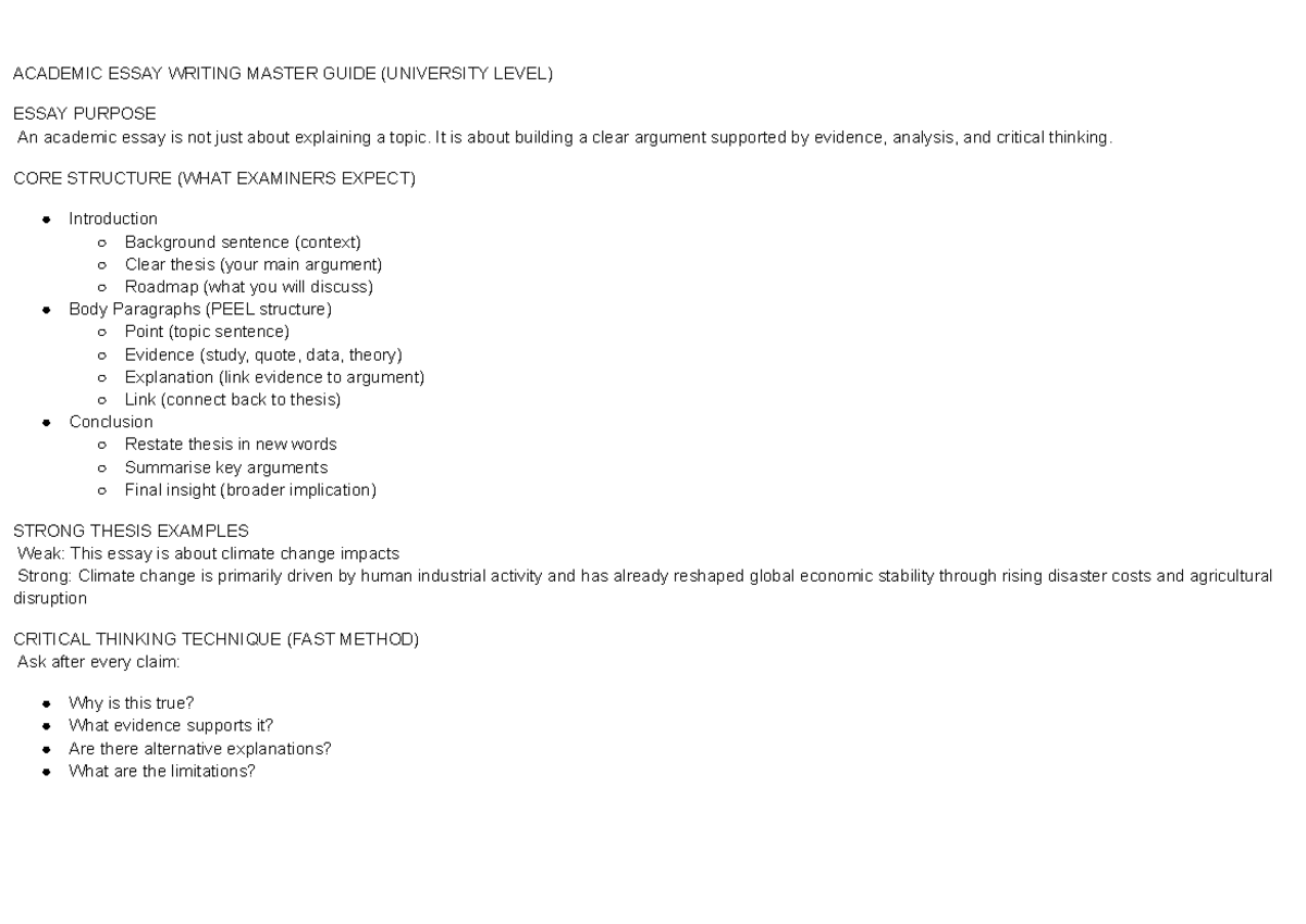 Academic Essay Writing Master Guide (University Level) - Studocu