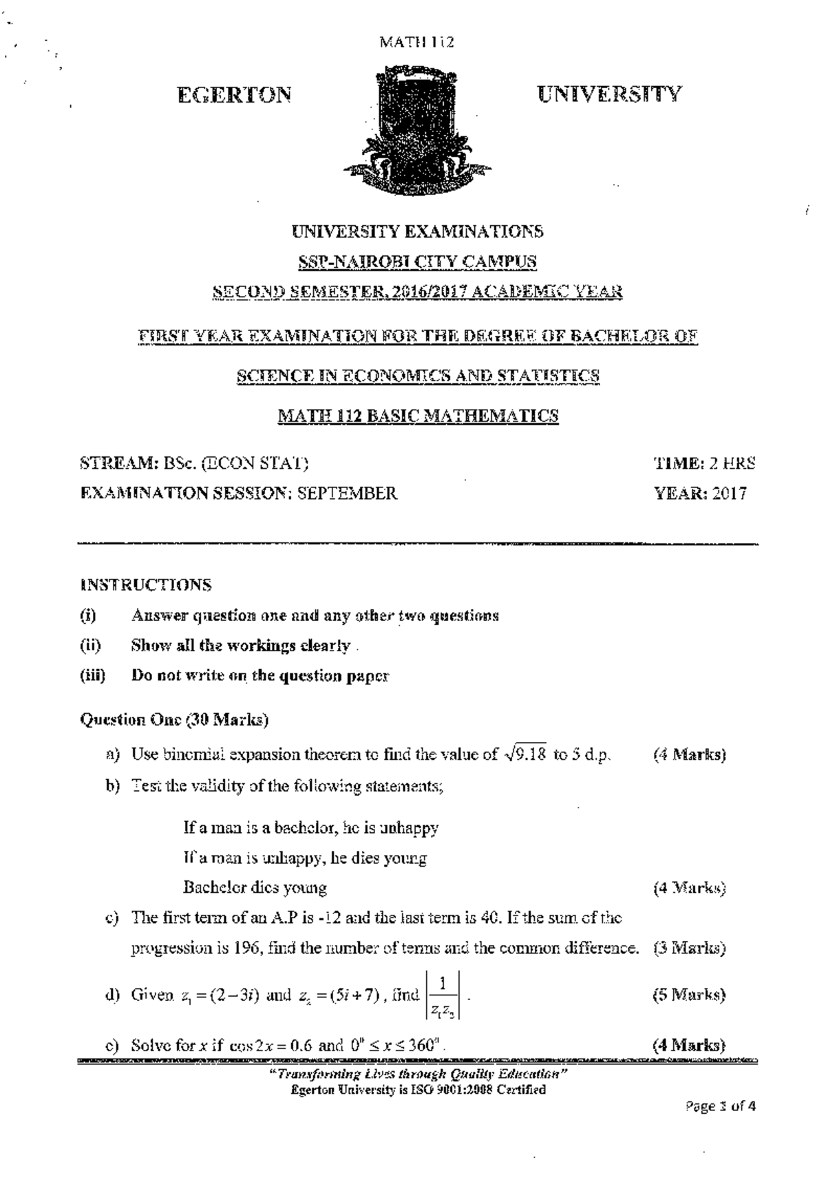MATH 112 Final Exam Questions - BSc. (Econ Stat) September 2017 - Studocu