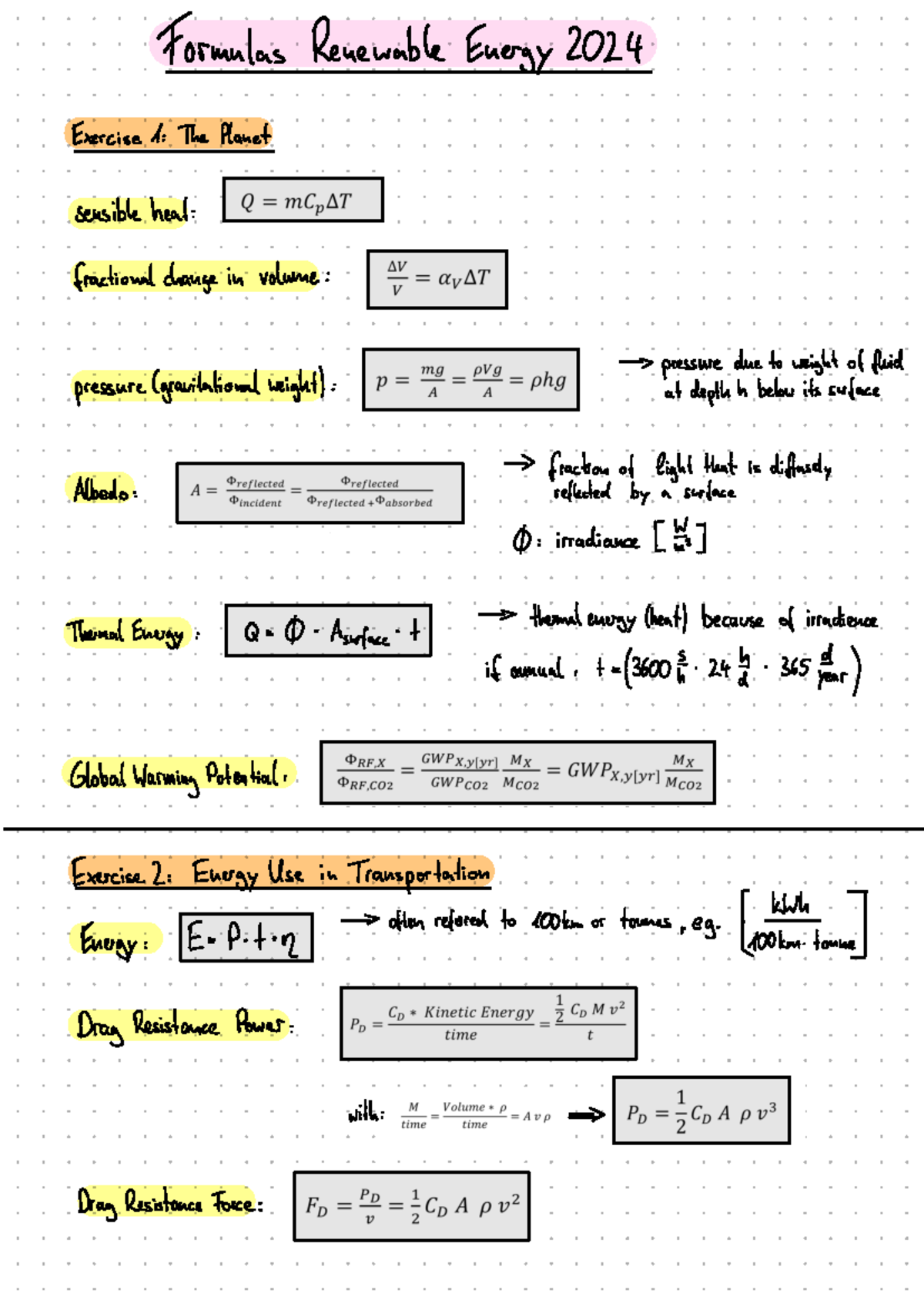 Renewable Energy Formulas and Concepts (RE 2024) - Studeersnel