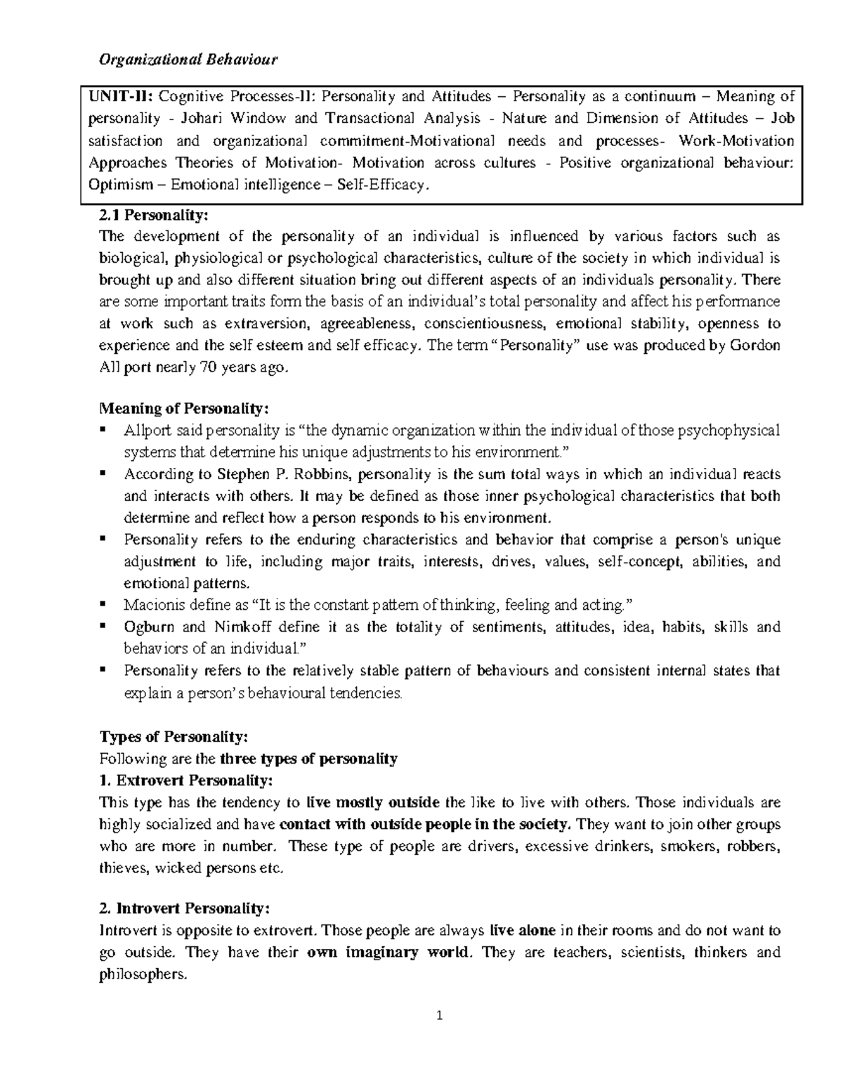 Unit-2 OB: Understanding Personality, Attitudes, and Motivation in ...