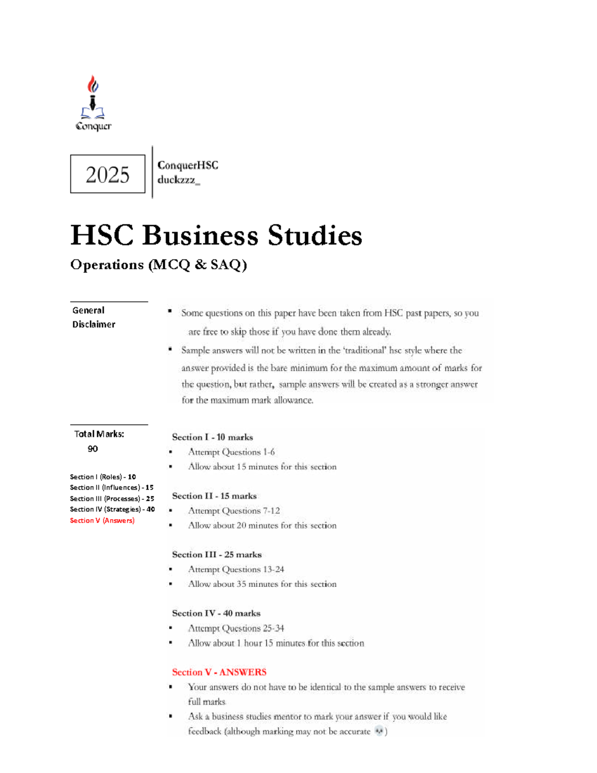 HSC Business Studies Operations: MCQ & SAQ Study Guide - Studocu